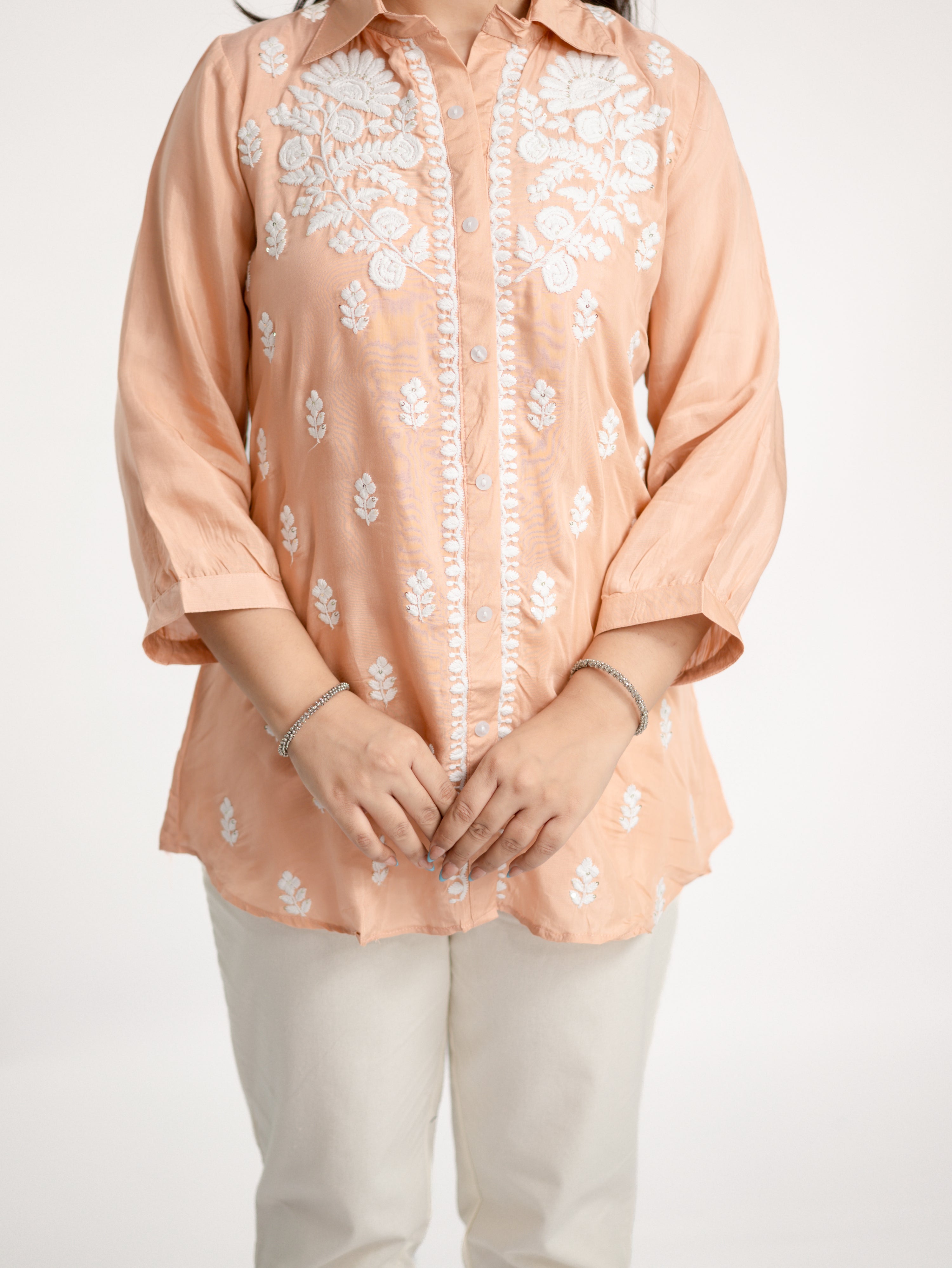 Sirya Peach Muslin Lucknowi Embroidered Short Top