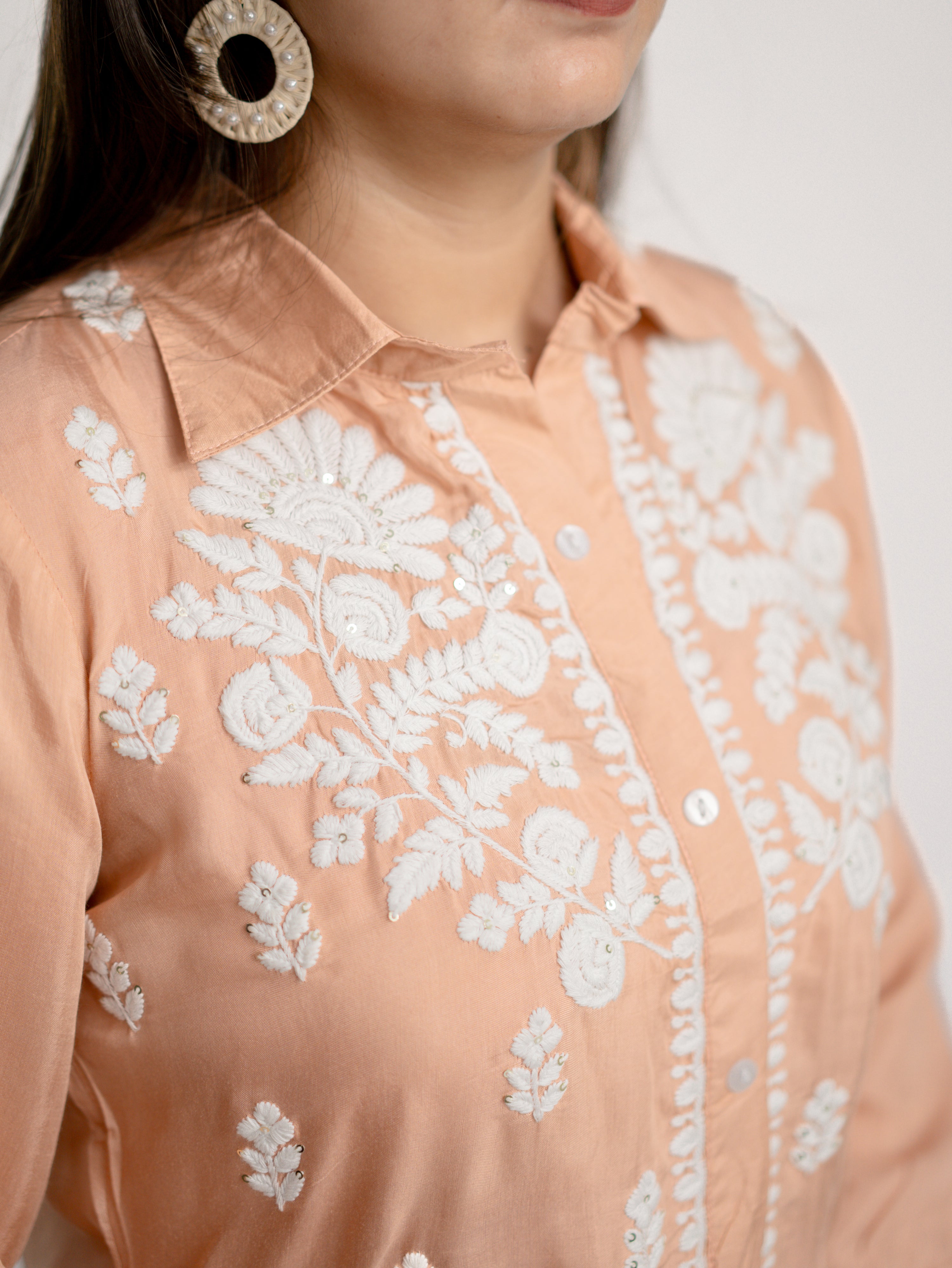 Sirya Peach Muslin Lucknowi Embroidered Short Top