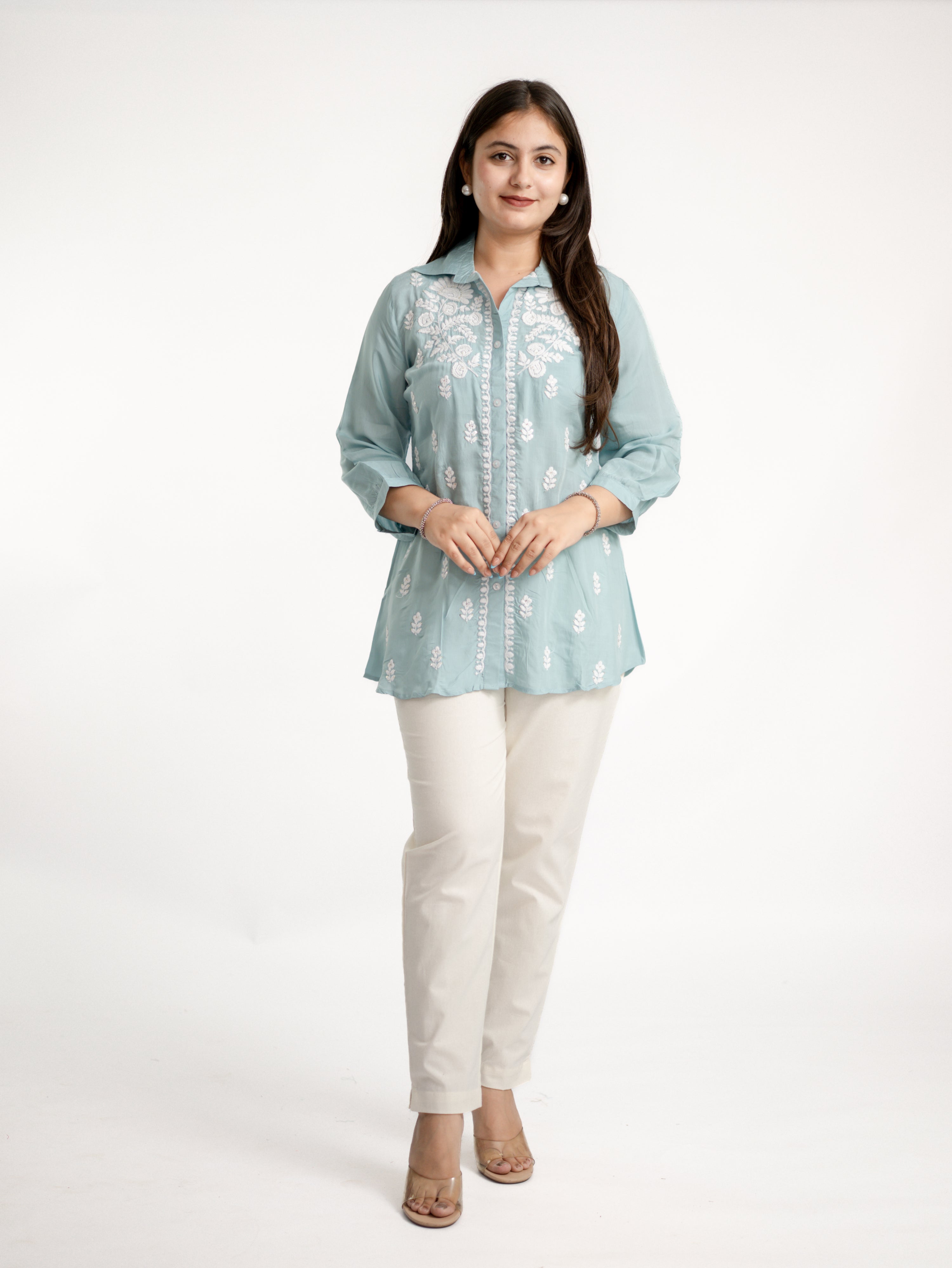 Sirya Blue Muslin Lucknowi Embroidered Short Top