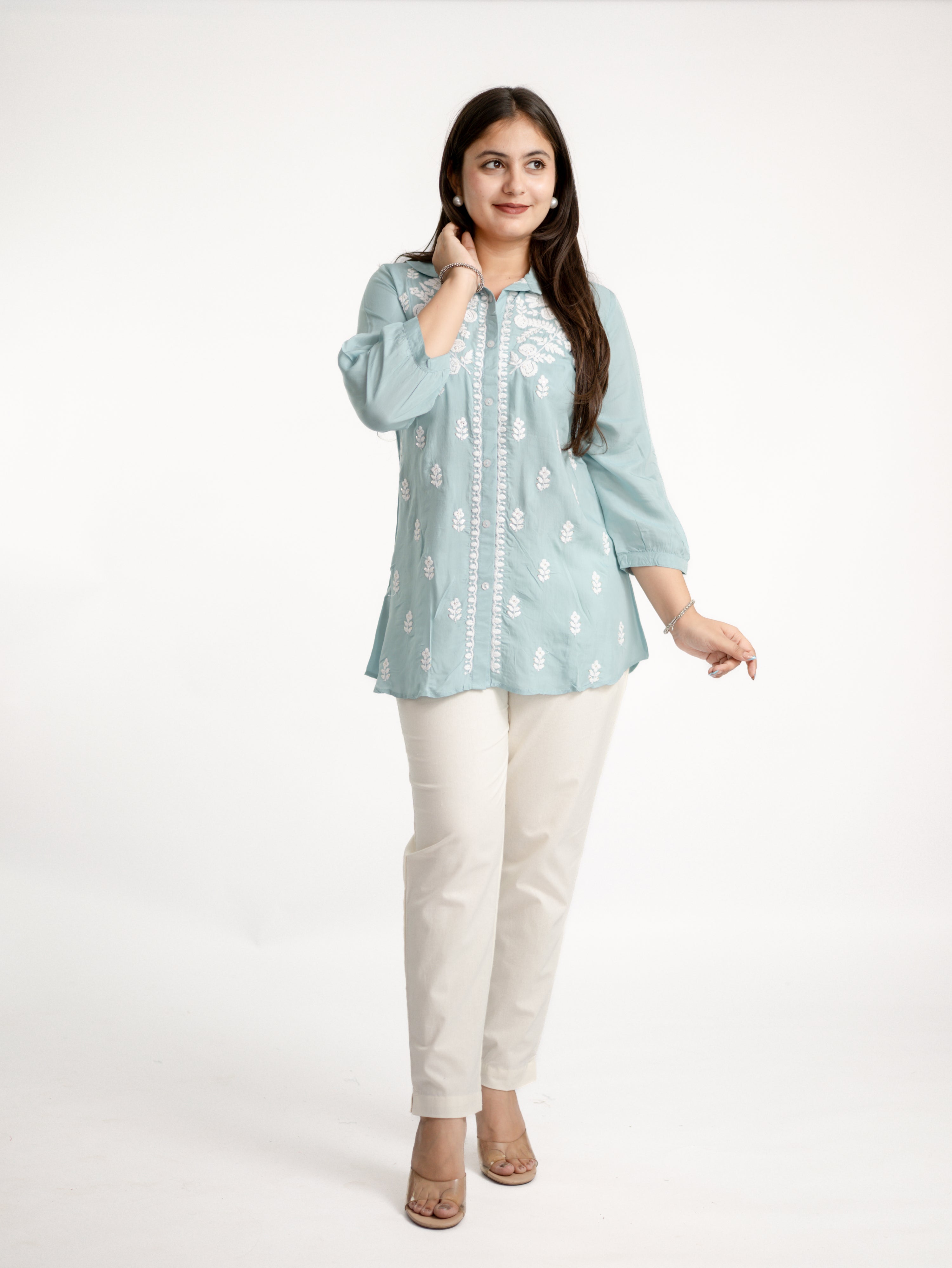 Sirya Blue Muslin Lucknowi Embroidered Short Top