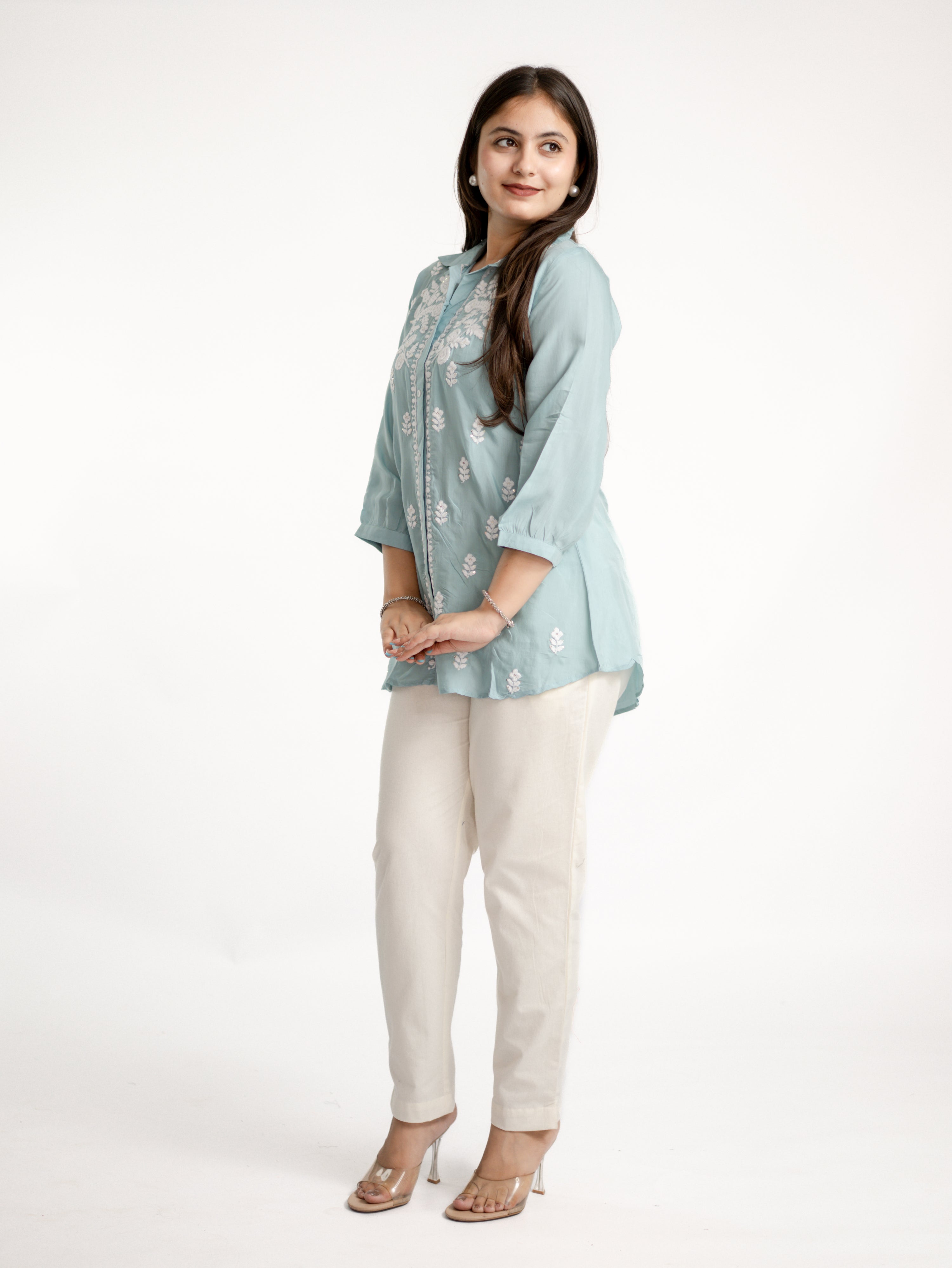 Sirya Blue Muslin Lucknowi Embroidered Short Top