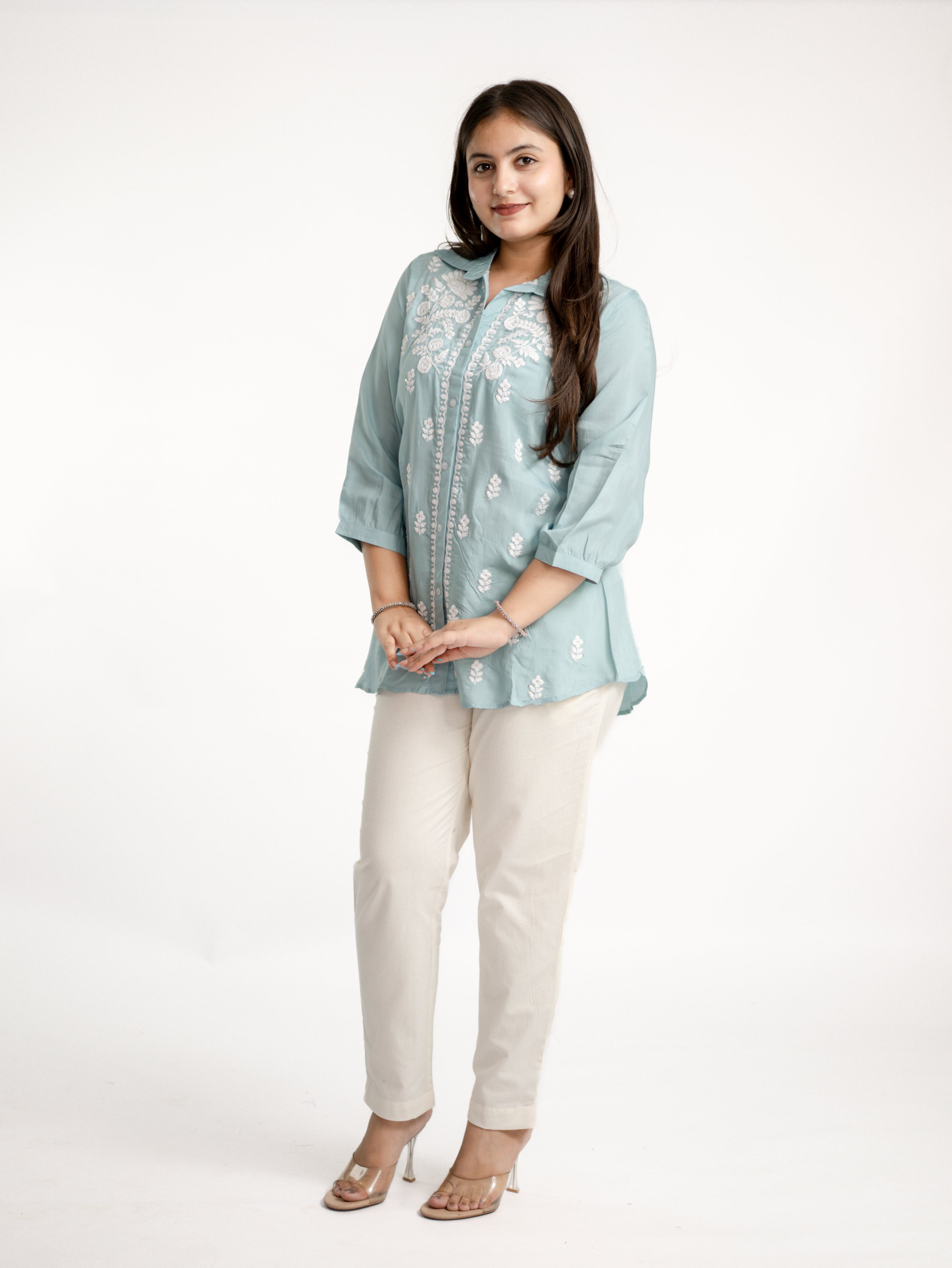 Sirya Blue Muslin Lucknowi Embroidered Short Top