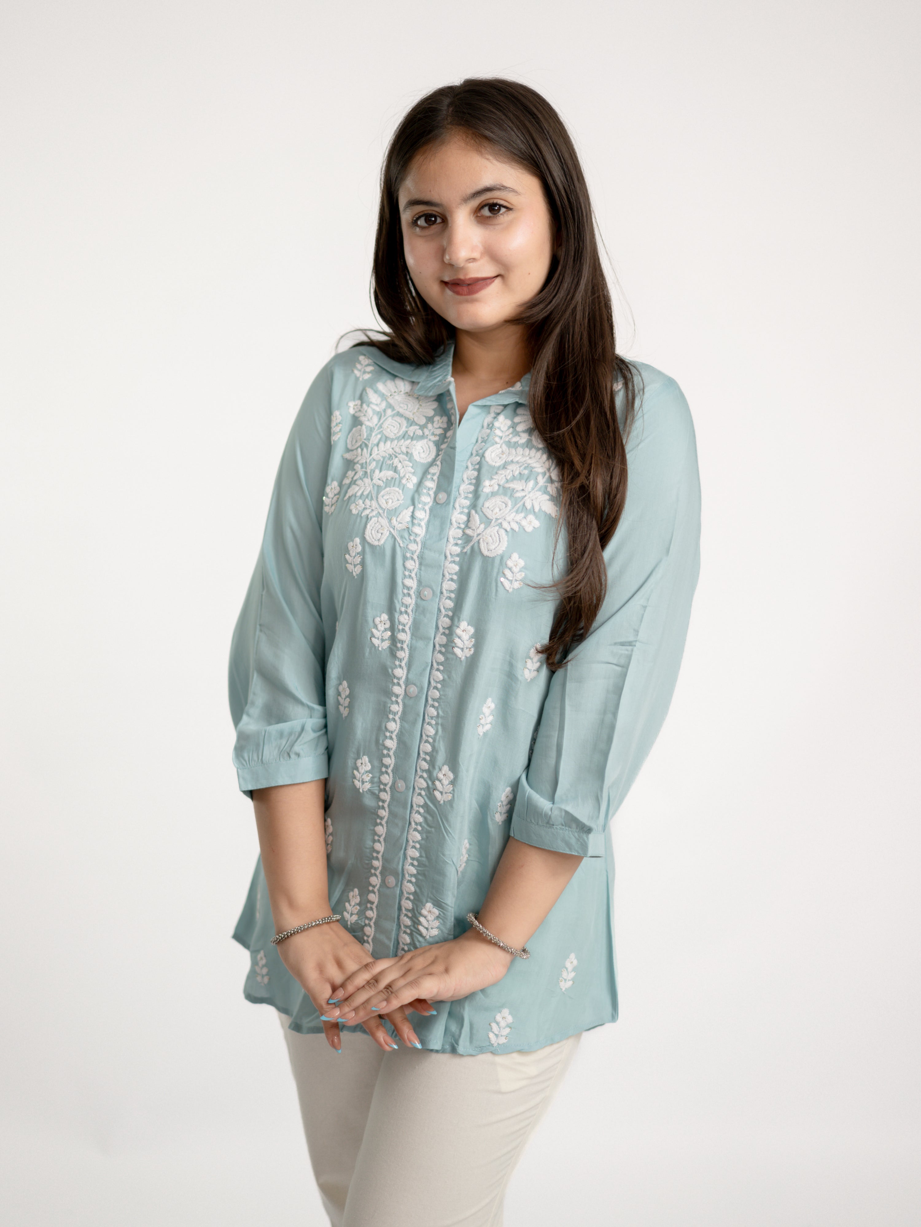 Sirya Blue Muslin Lucknowi Embroidered Short Top