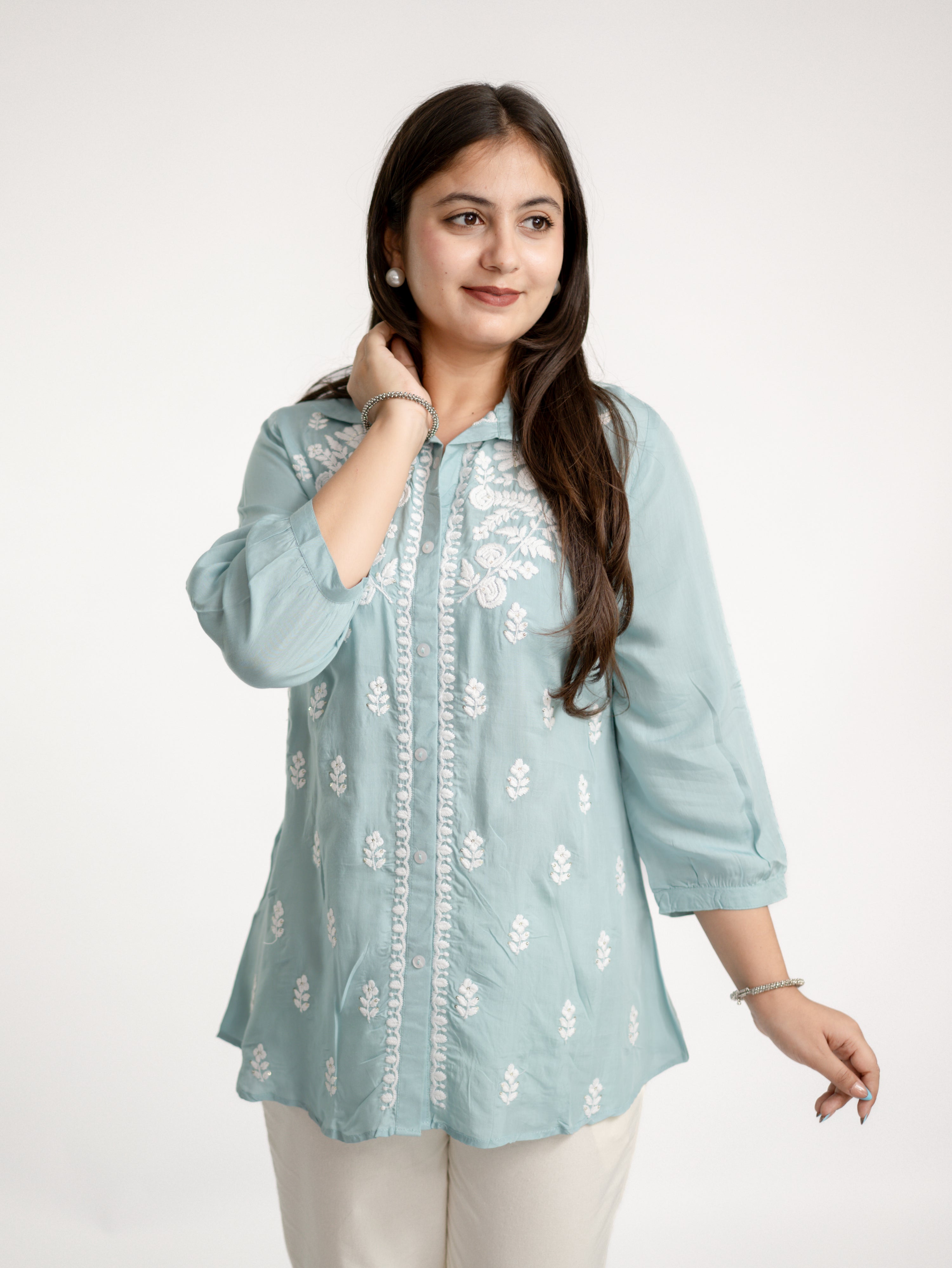 Sirya Blue Muslin Lucknowi Embroidered Short Top