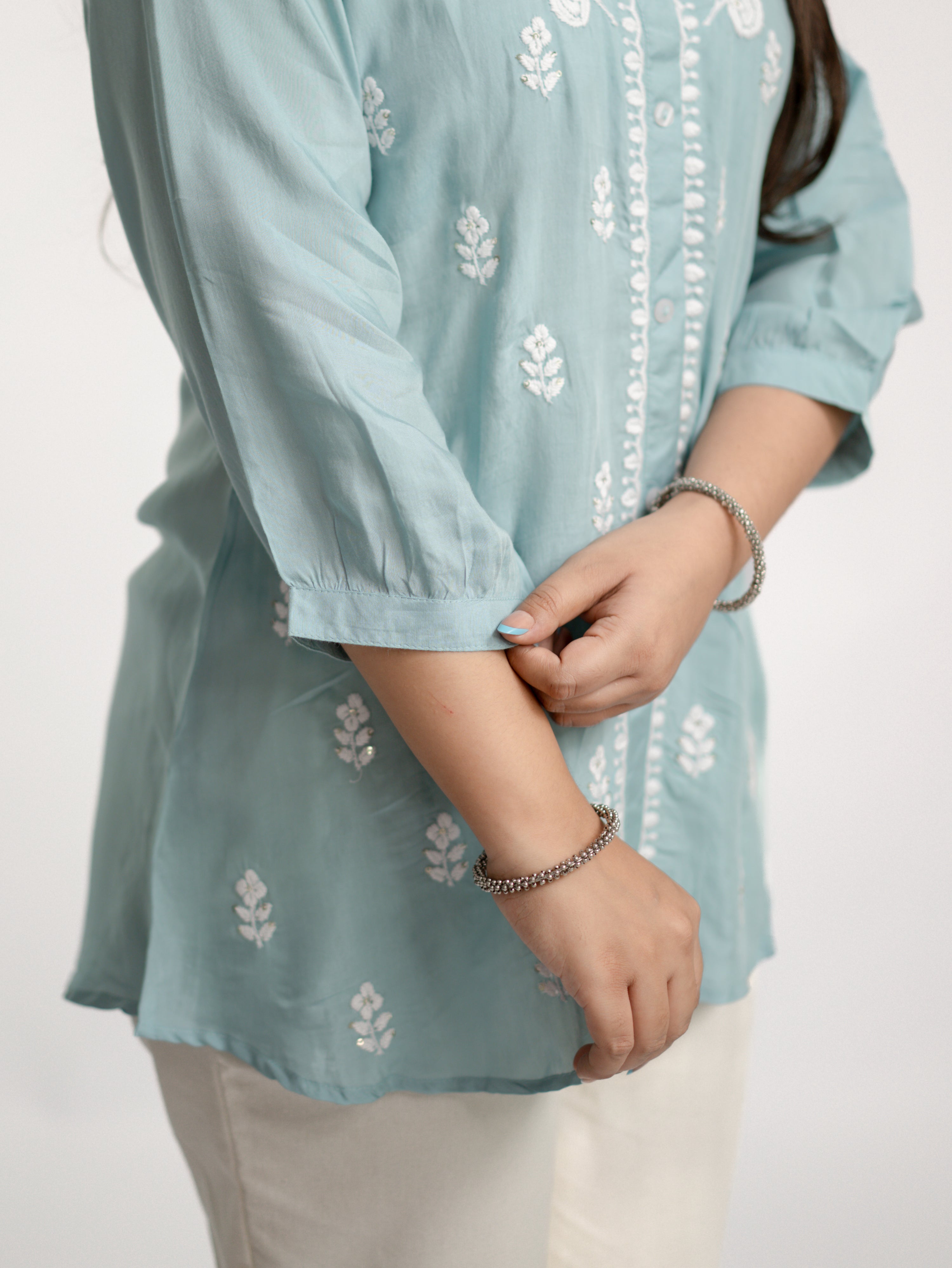 Sirya Blue Muslin Lucknowi Embroidered Short Top