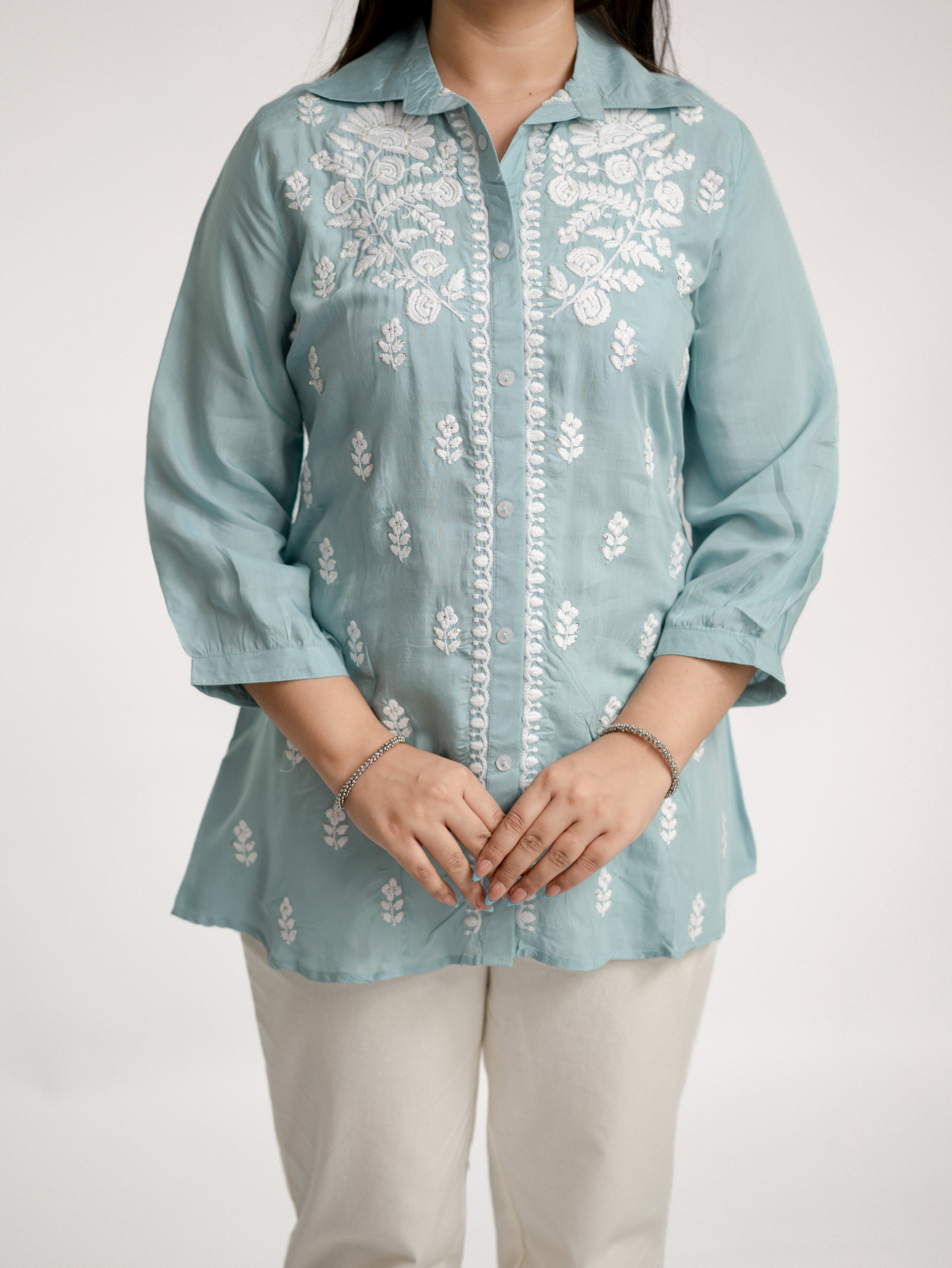 Sirya Blue Muslin Lucknowi Embroidered Short Top