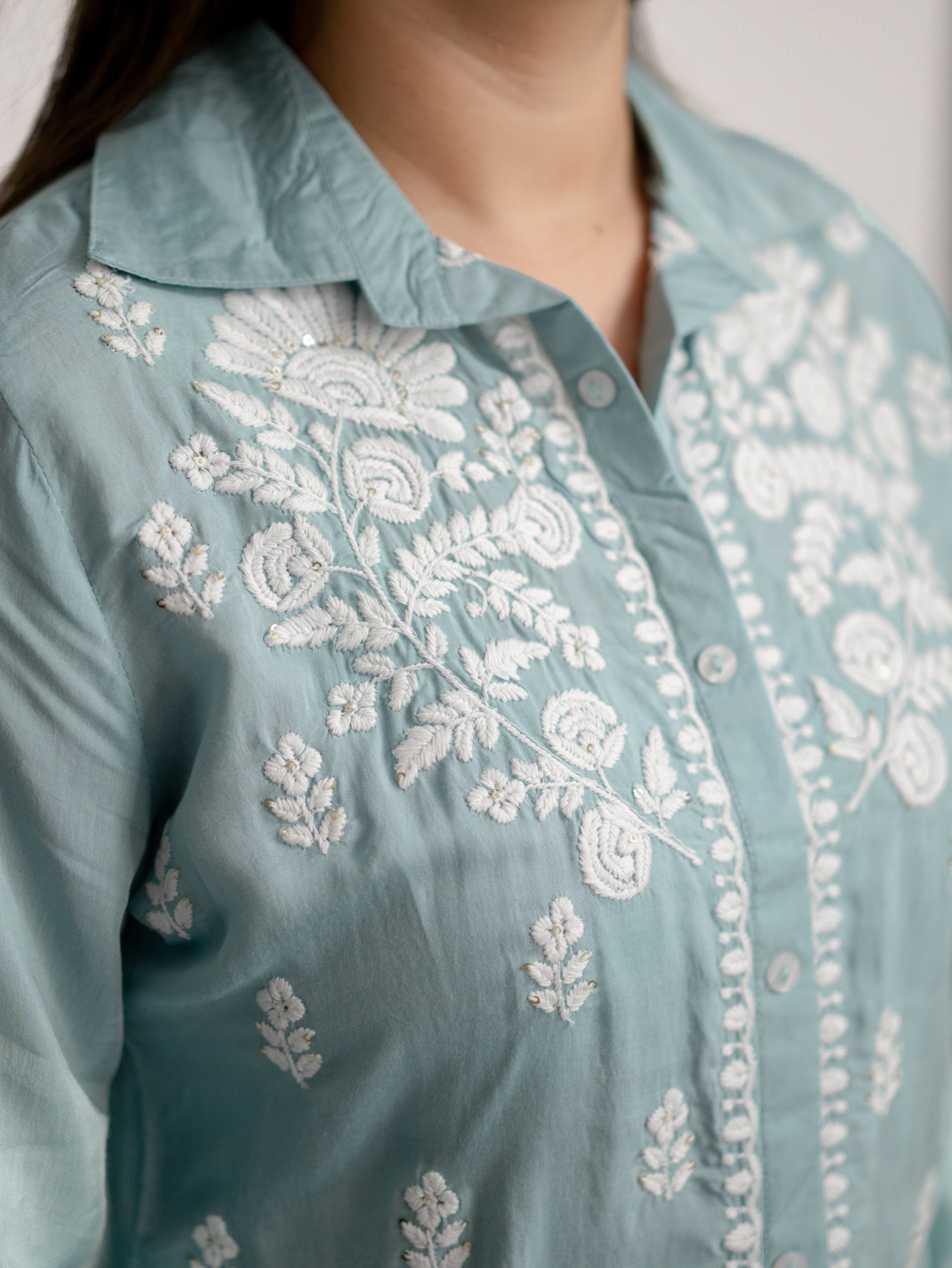 Sirya Blue Muslin Lucknowi Embroidered Short Top