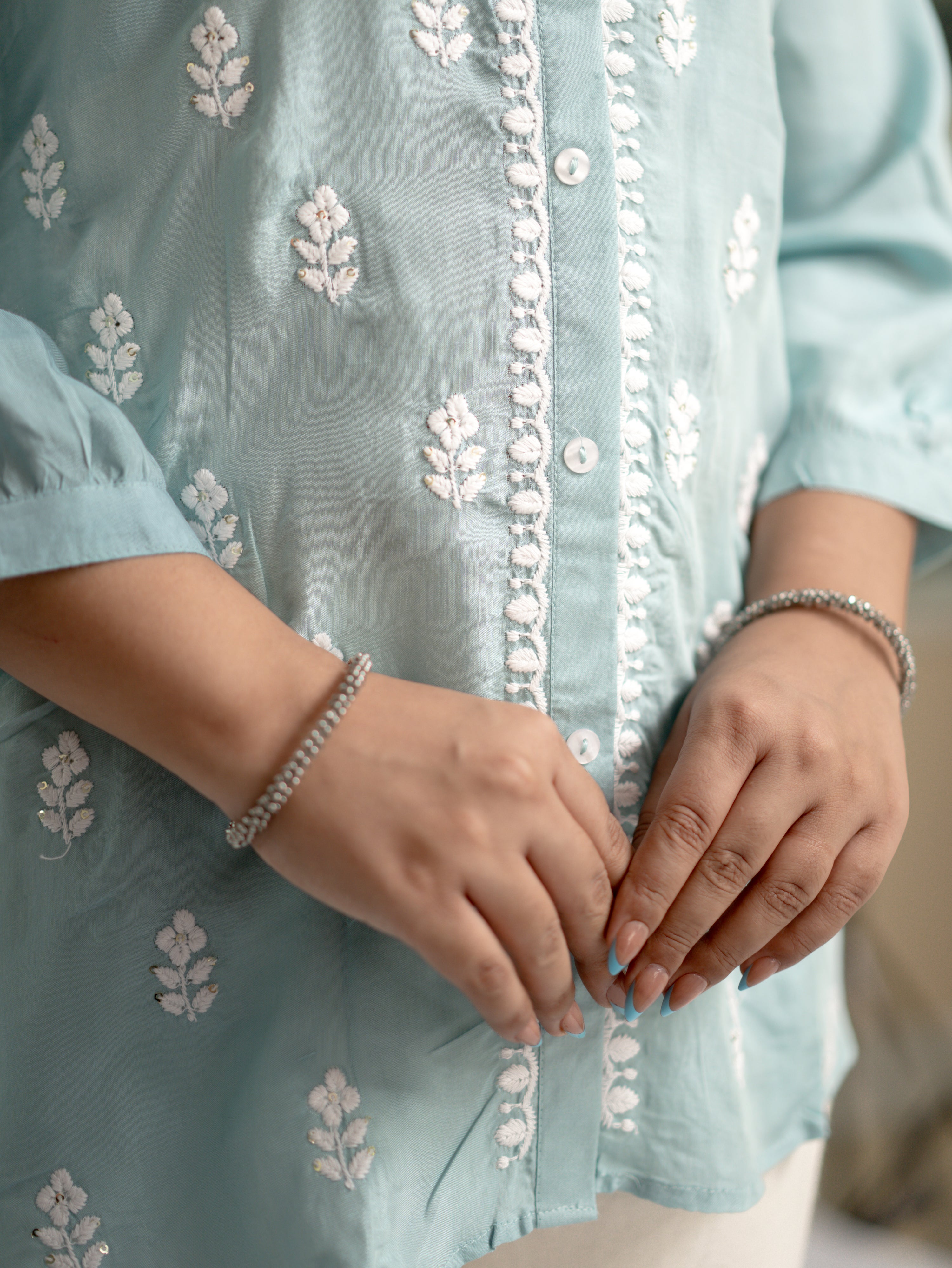 Sirya Blue Muslin Lucknowi Embroidered Short Top