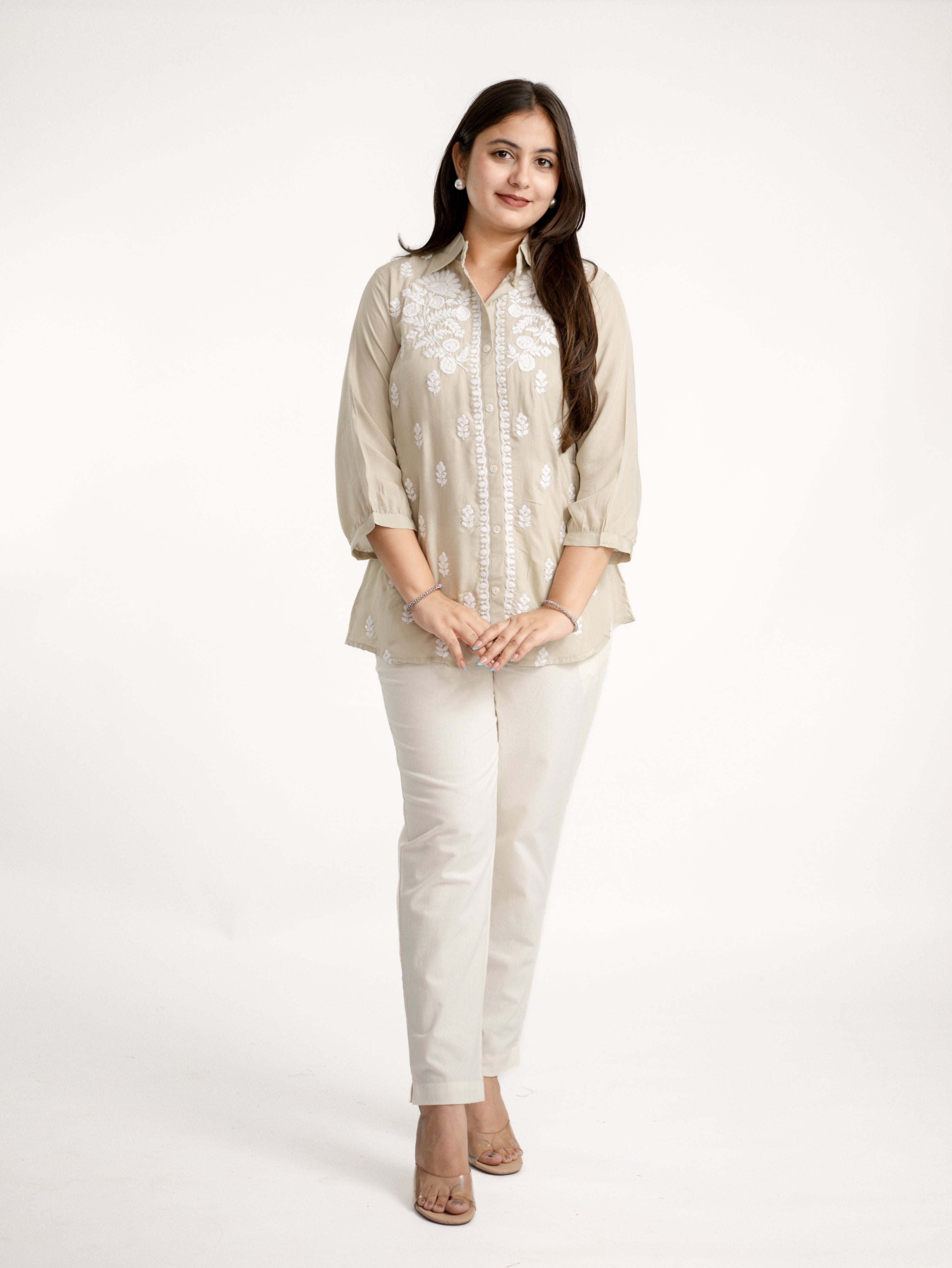 Sirya Beige Muslin Lucknowi Embroidered Short top