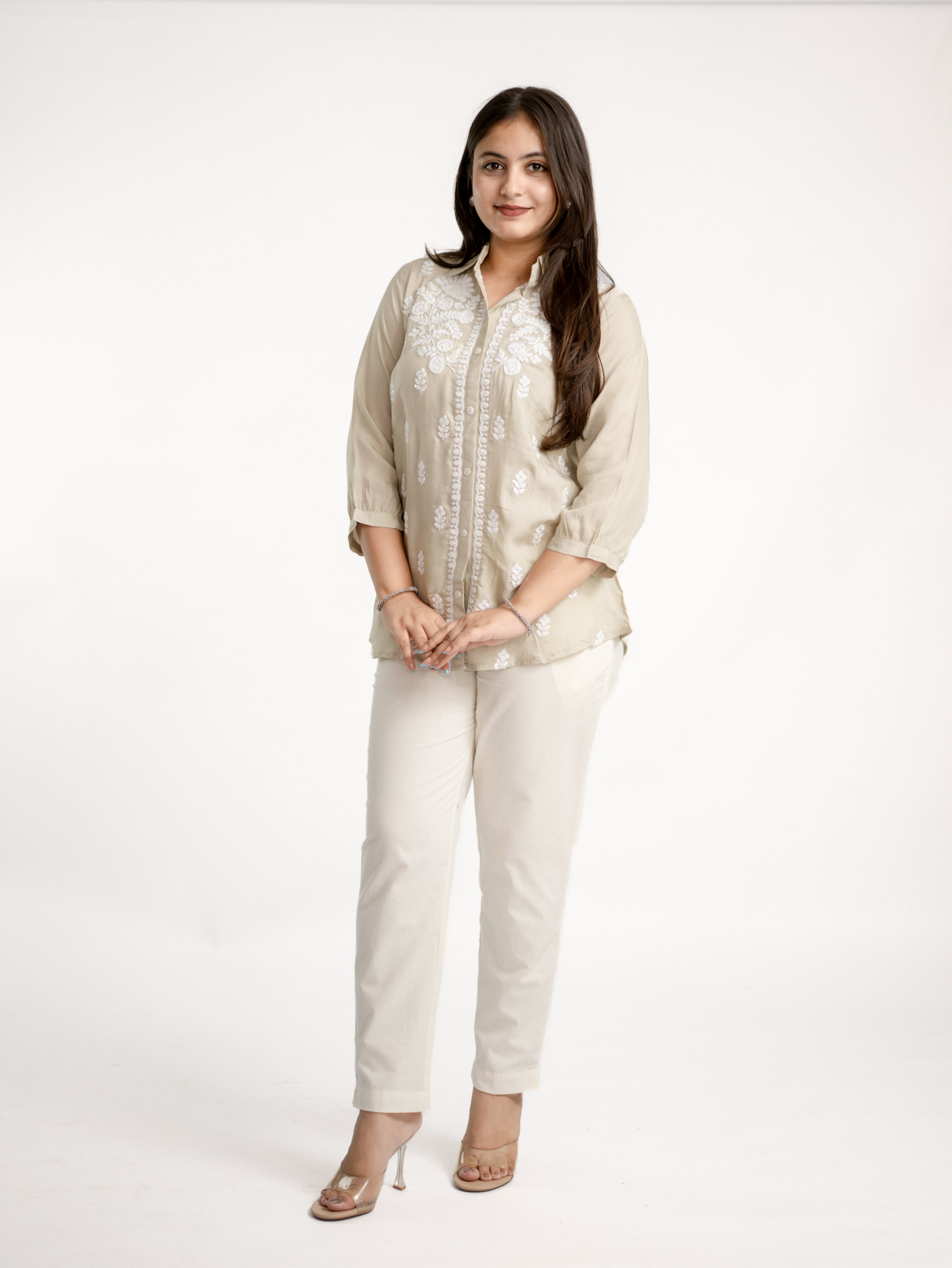 Sirya Beige Muslin Lucknowi Embroidered Short top