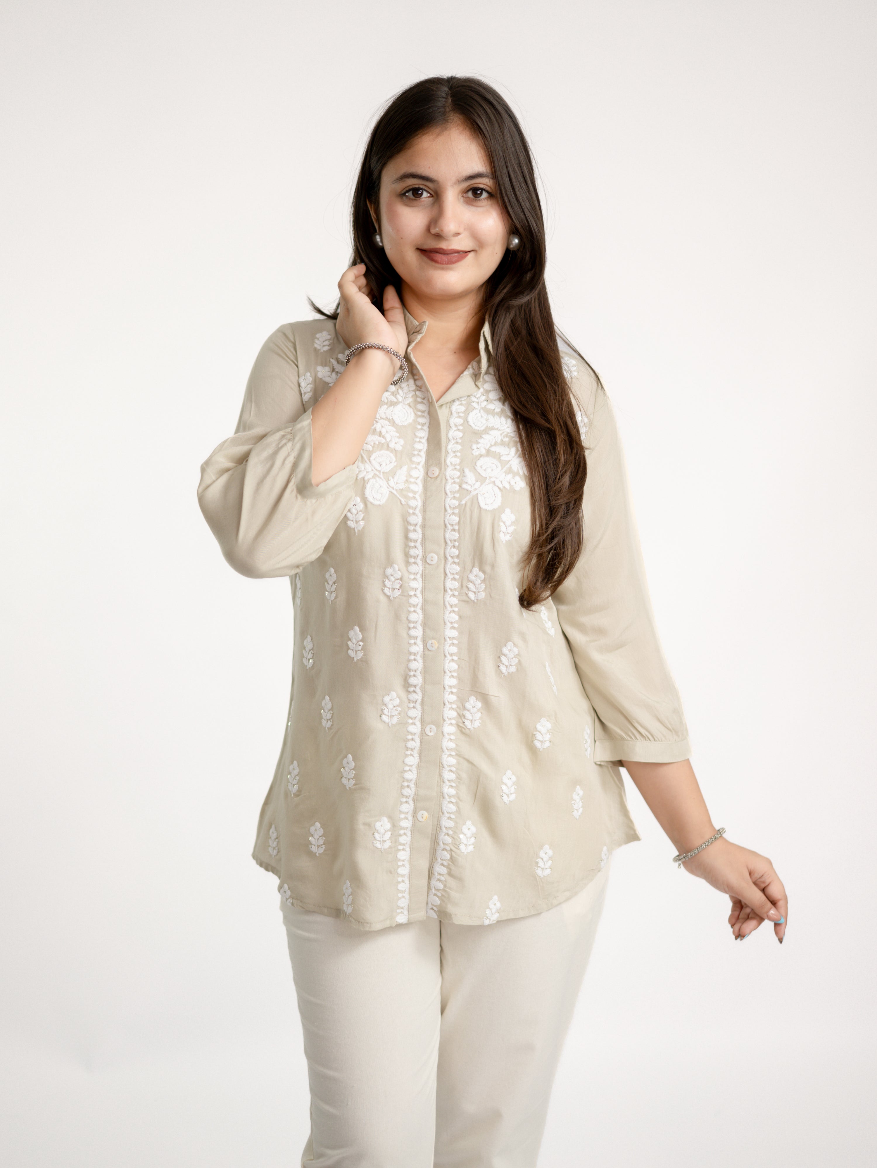 Sirya Beige Muslin Lucknowi Embroidered Short top