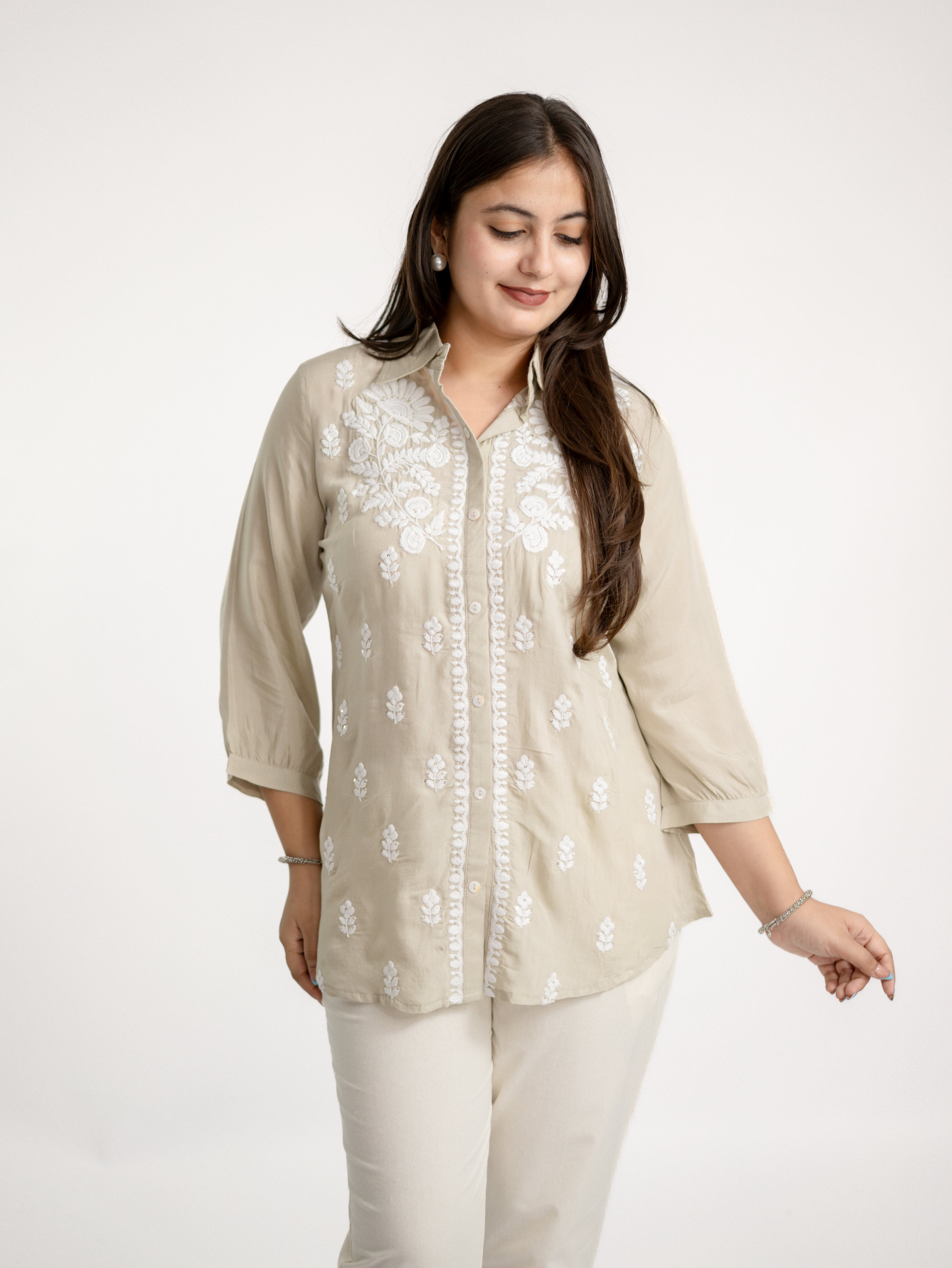 Sirya Beige Muslin Lucknowi Embroidered Short top