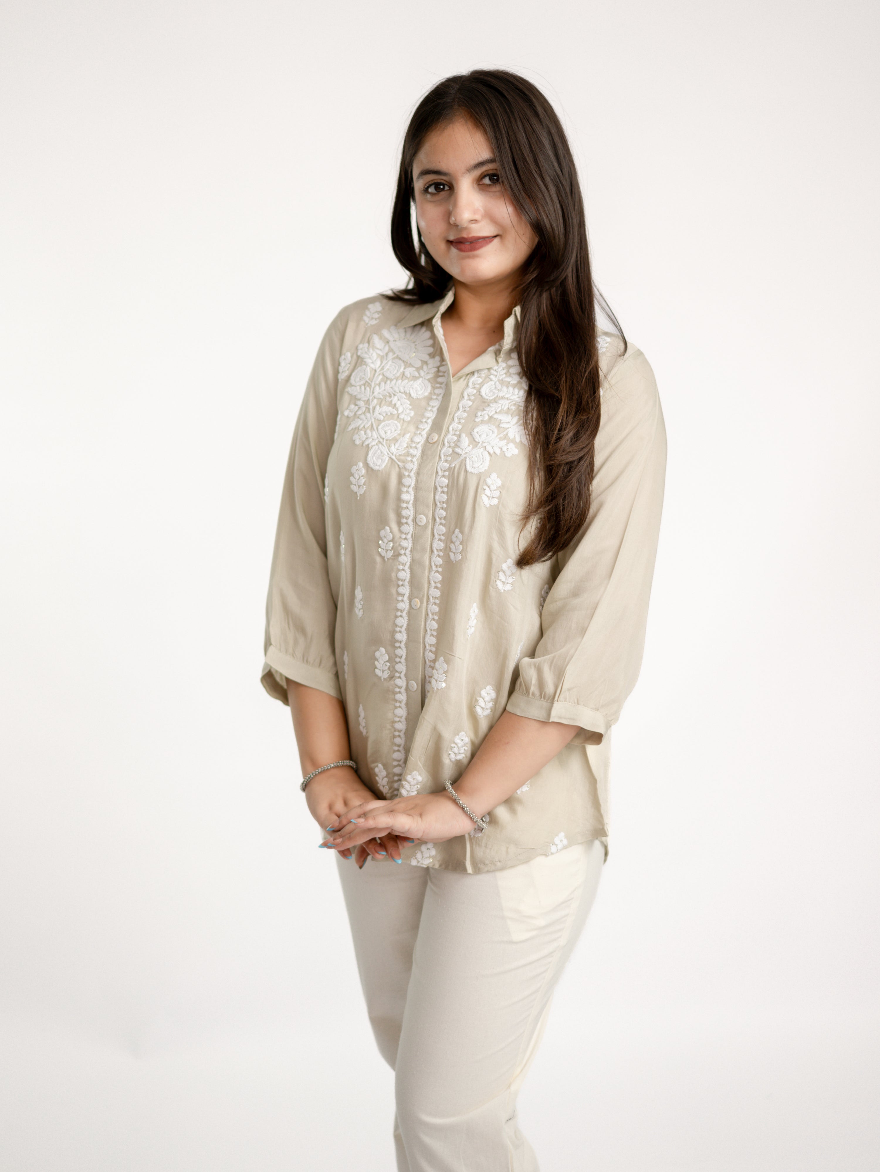 Sirya Beige Muslin Lucknowi Embroidered Short top