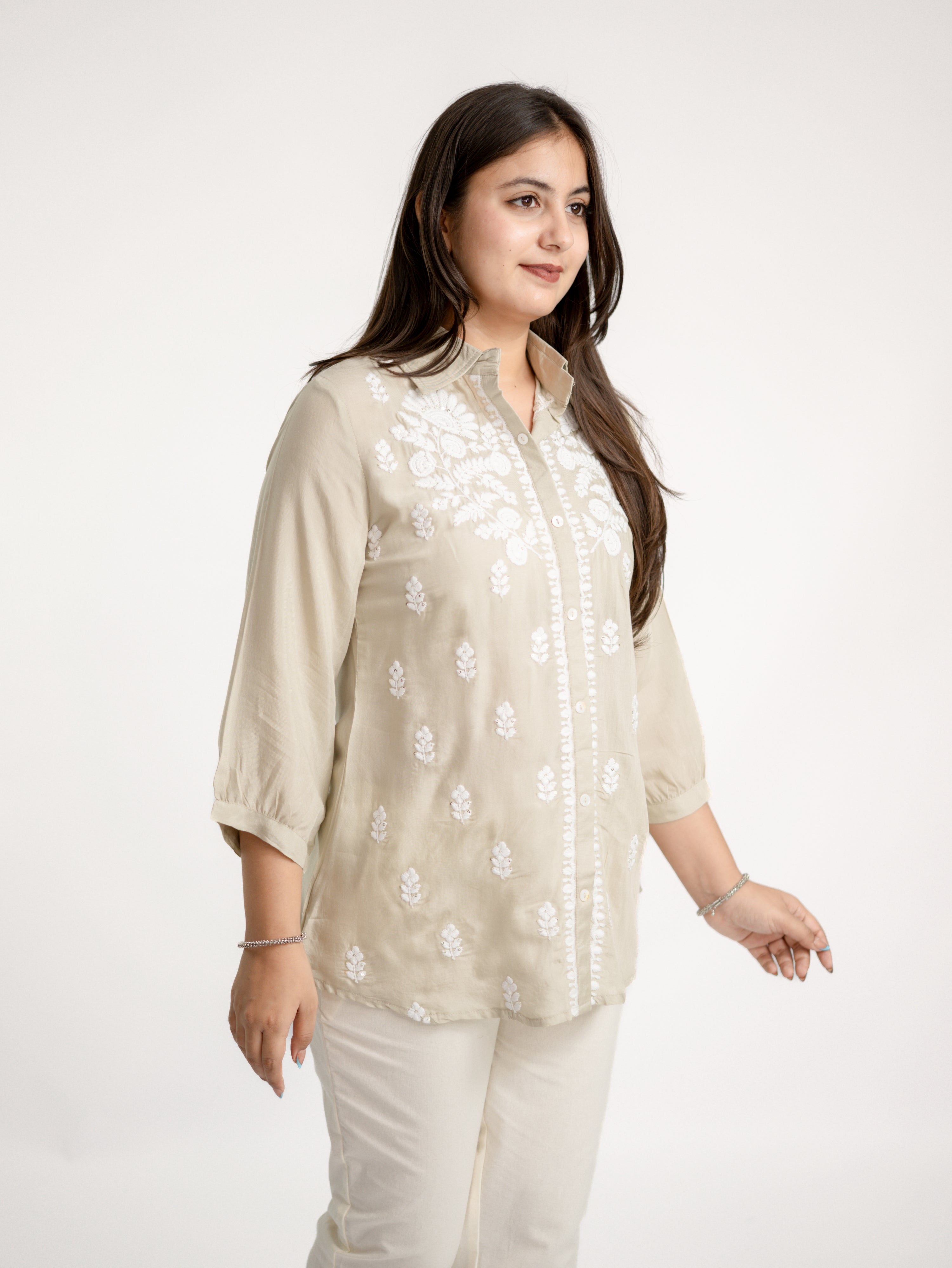 Sirya Beige Muslin Lucknowi Embroidered Short top