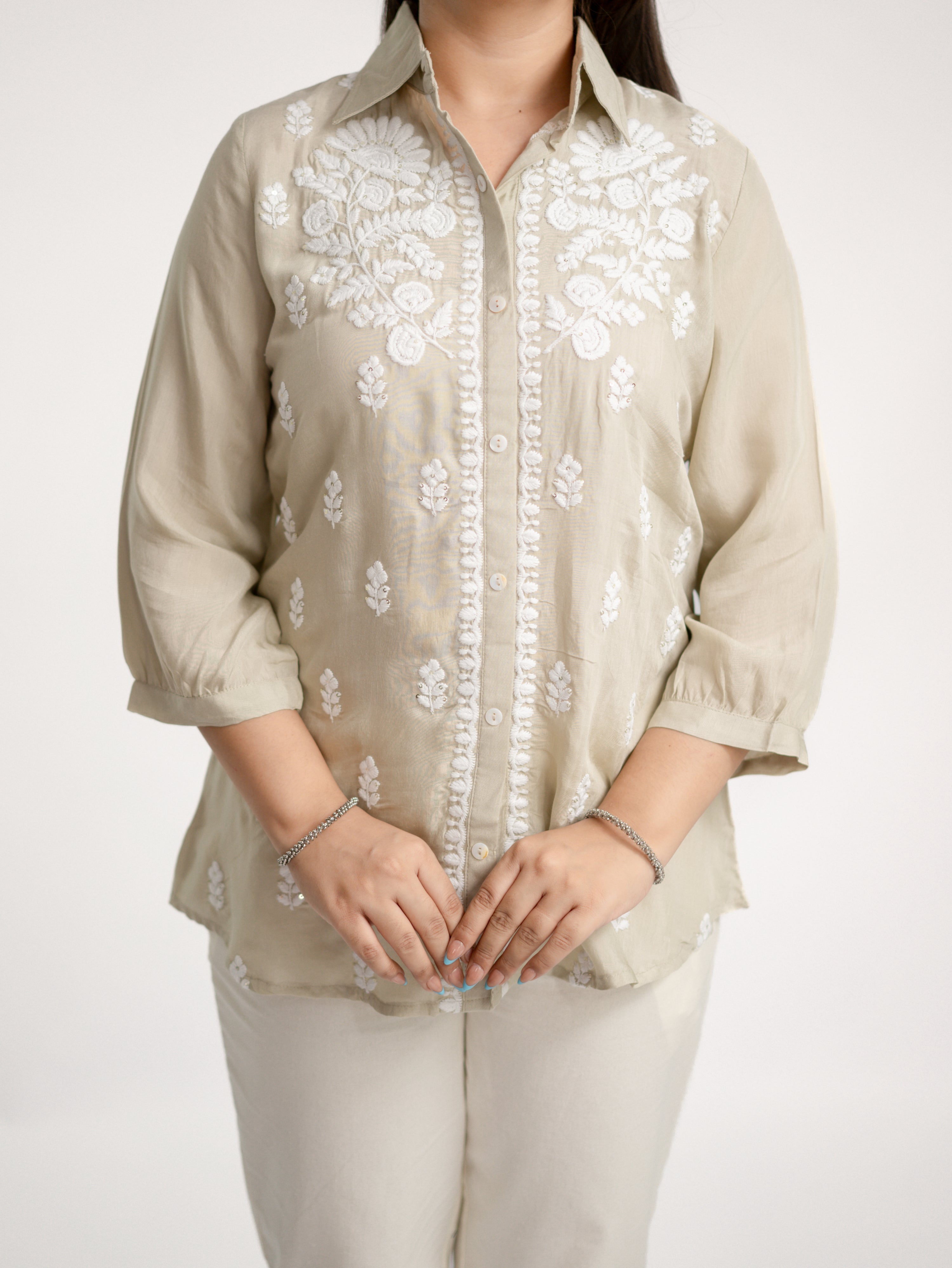 Sirya Beige Muslin Lucknowi Embroidered Short top