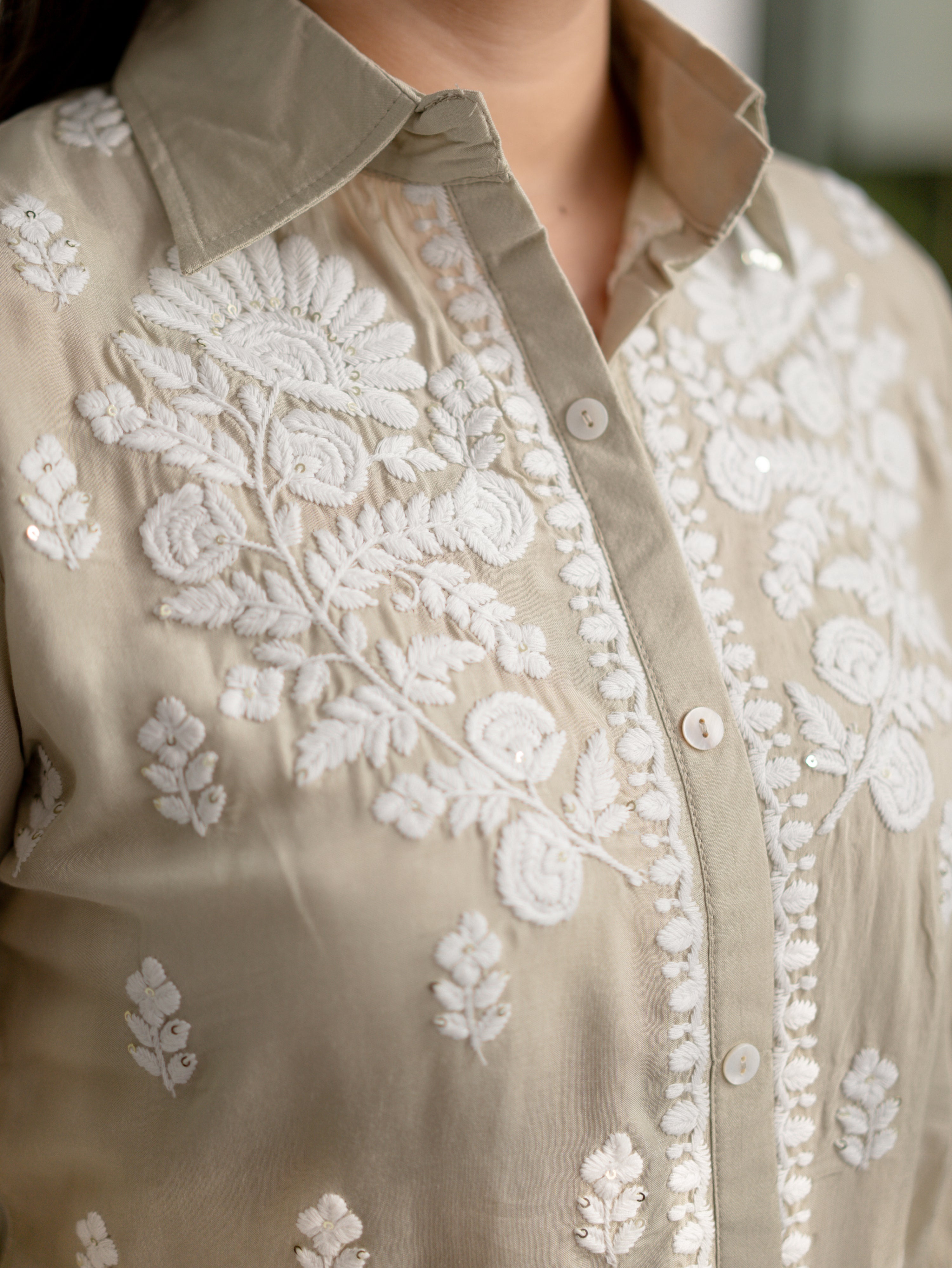 Sirya Beige Muslin Lucknowi Embroidered Short top
