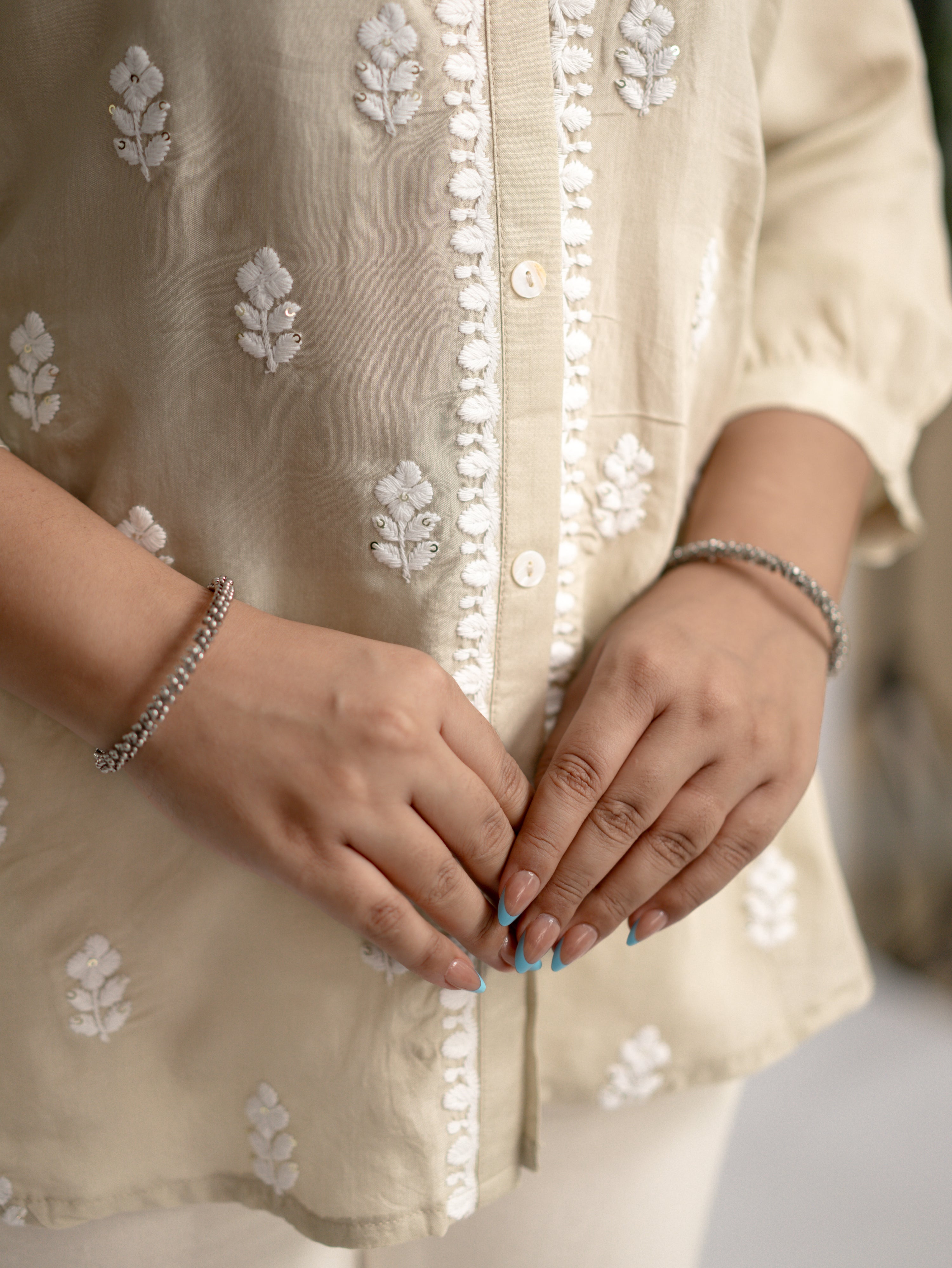 Sirya Beige Muslin Lucknowi Embroidered Short top