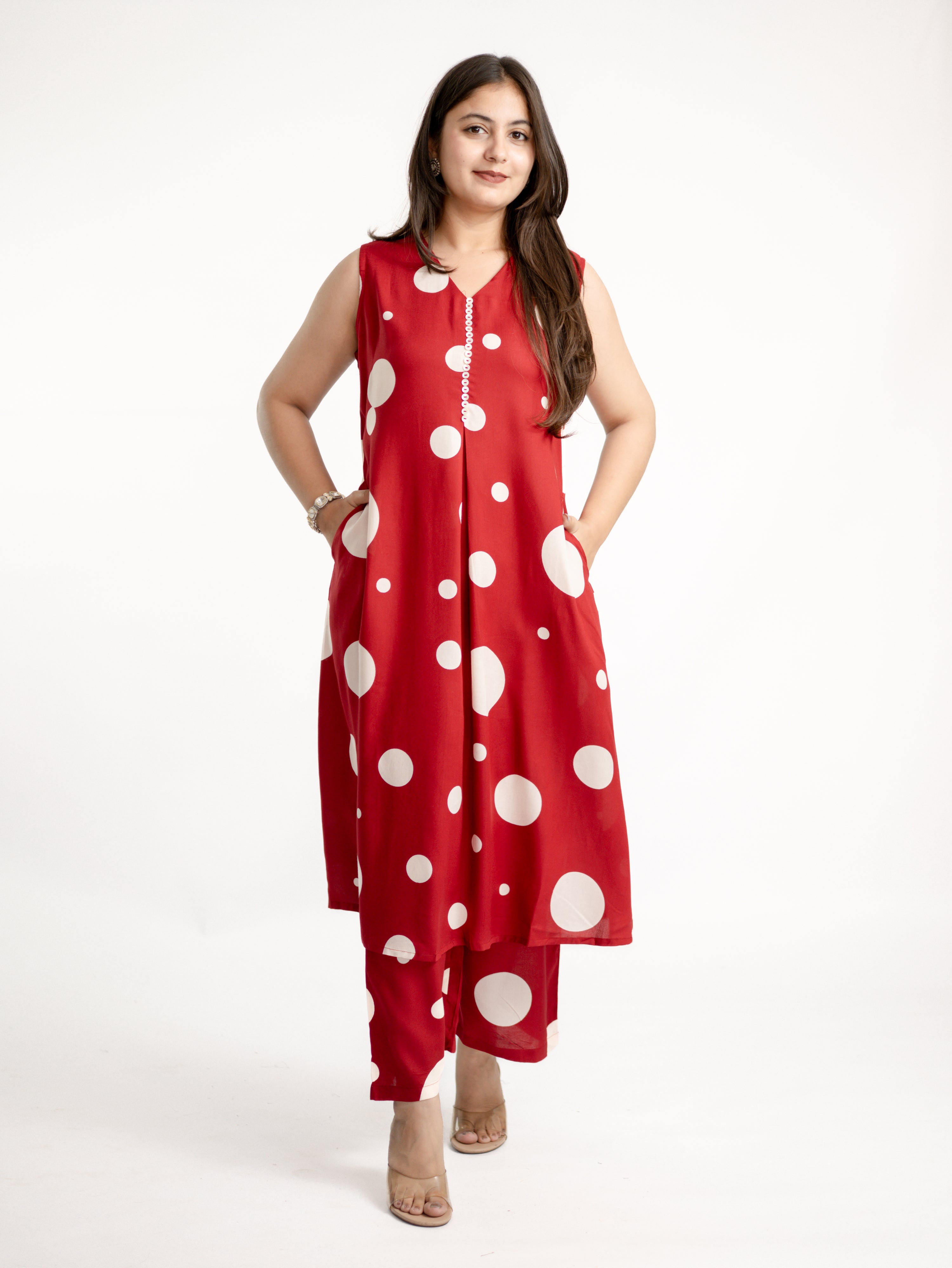 Laila Red Polka Rayon A-line Coord Set