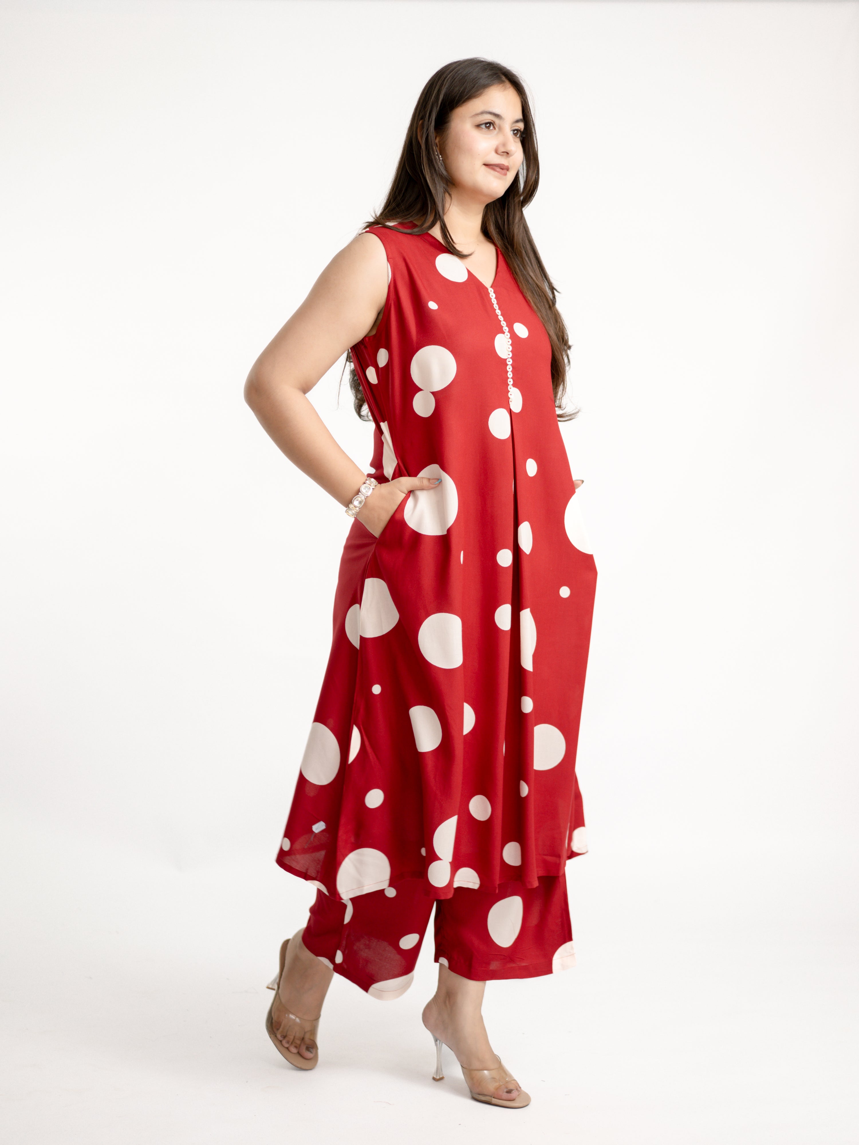 Laila Red Polka Rayon A-line Coord Set