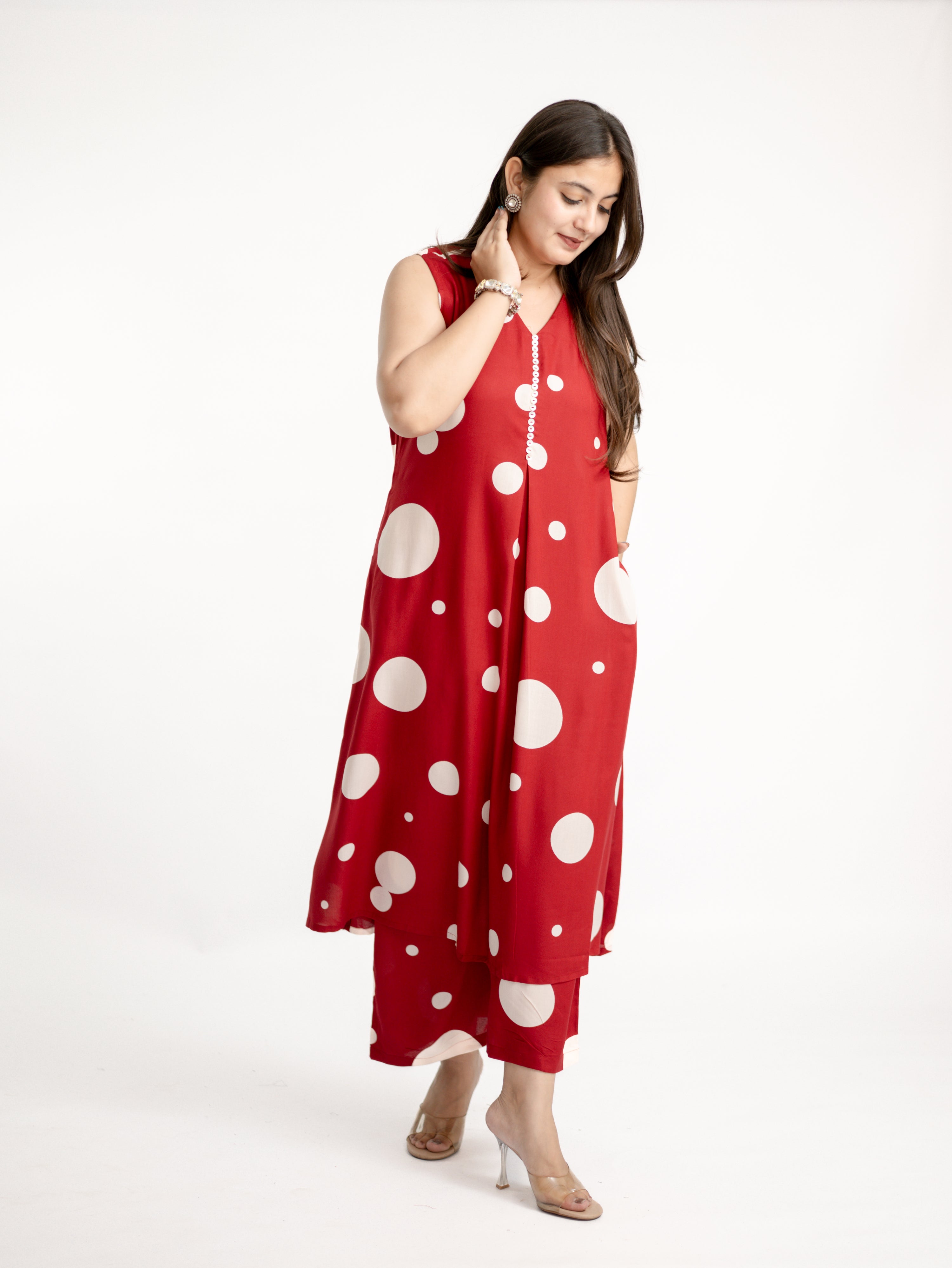 Laila Red Polka Rayon A-line Coord Set