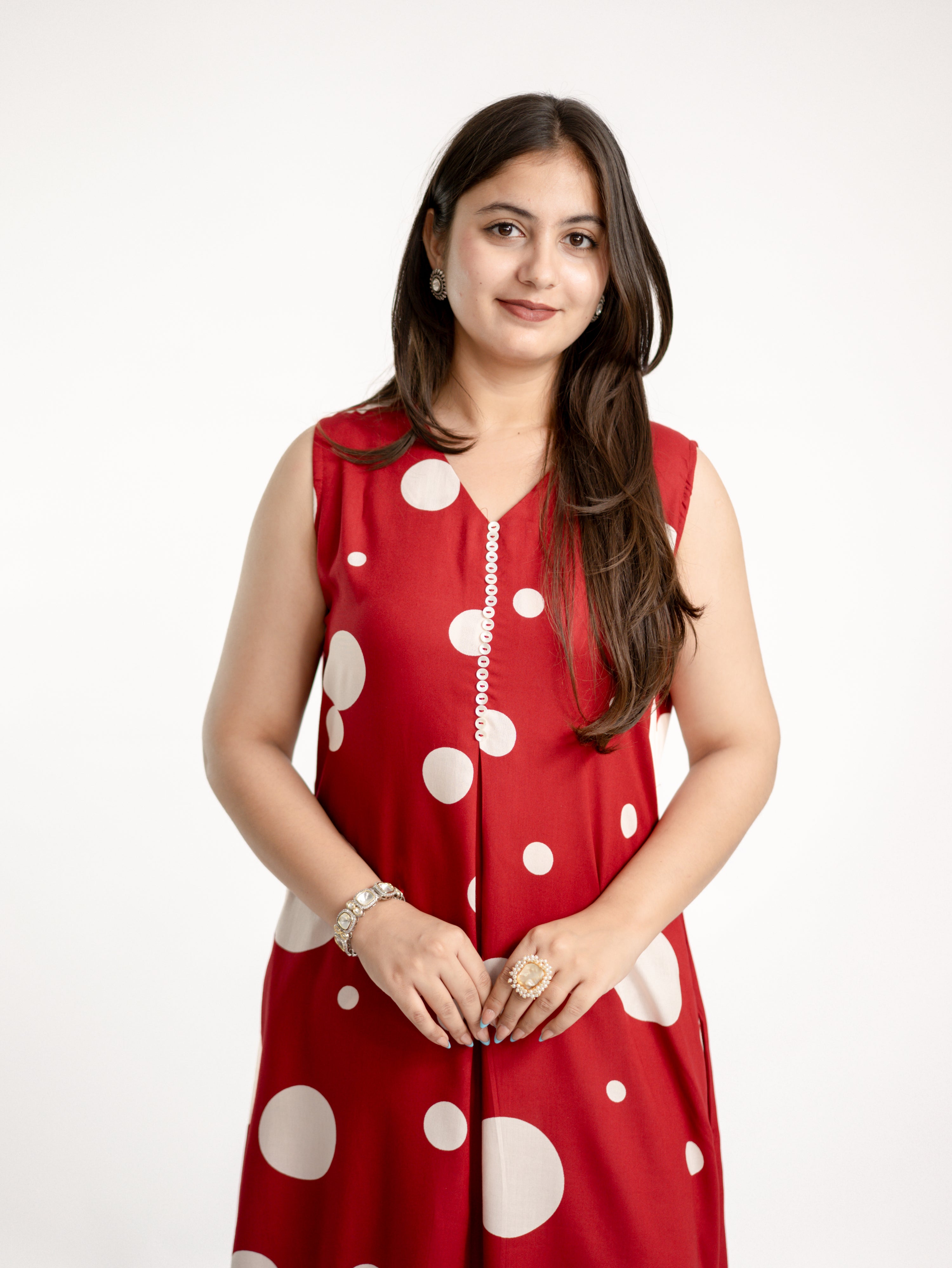Laila Red Polka Rayon A-line Coord Set
