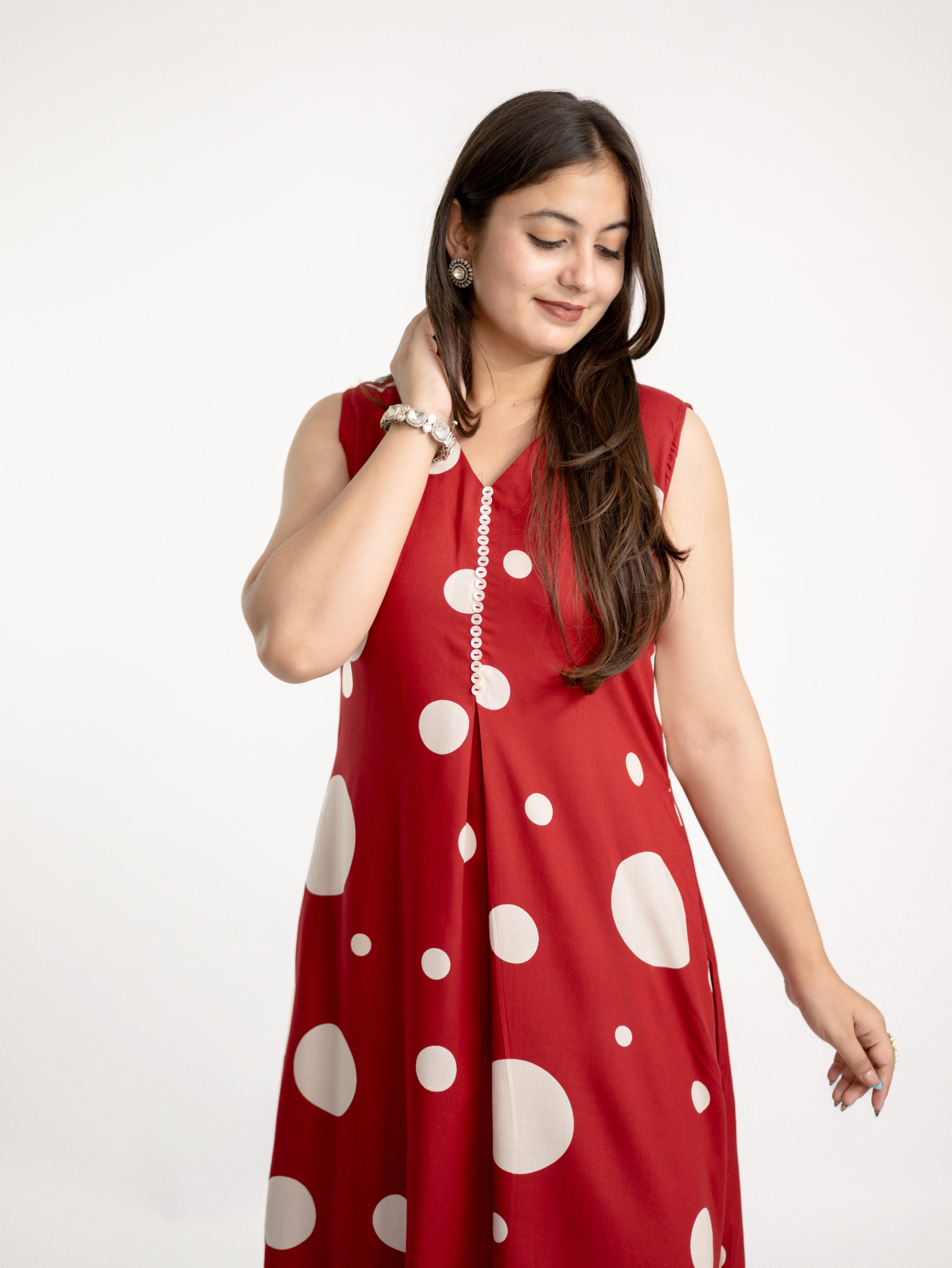 Laila Red Polka Rayon A-line Coord Set
