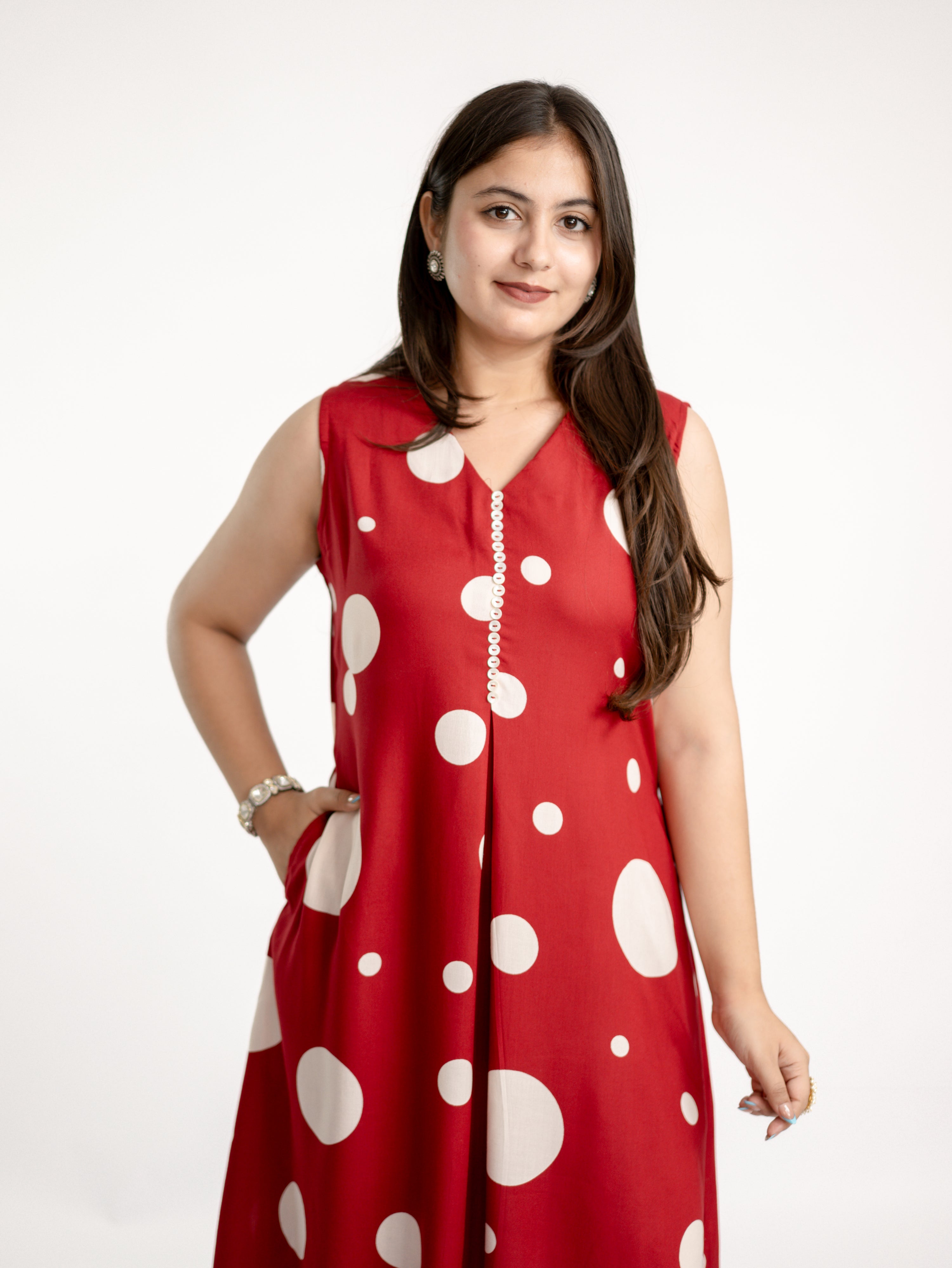 Laila Red Polka Rayon A-line Coord Set