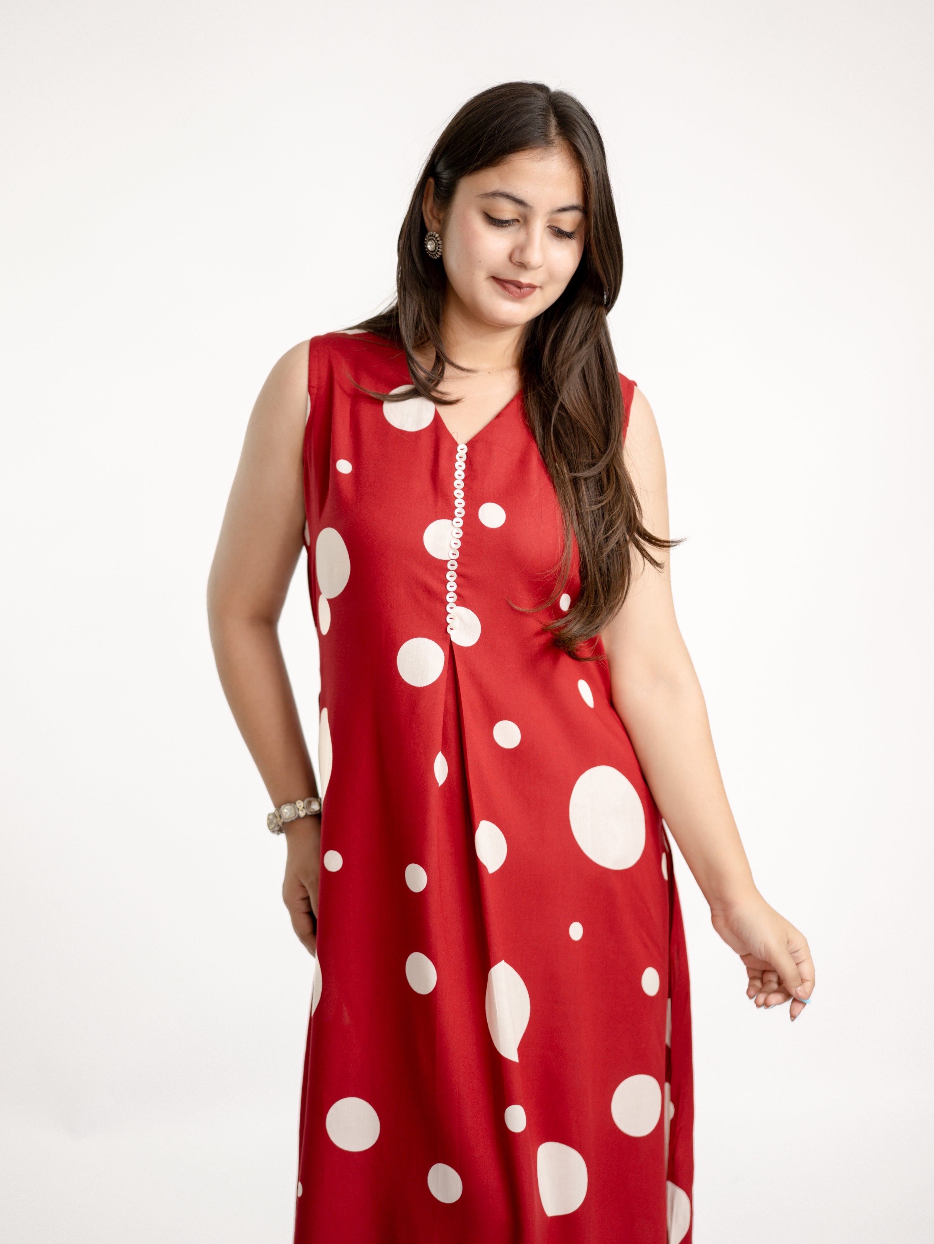 Laila Red Polka Rayon A-line Coord Set