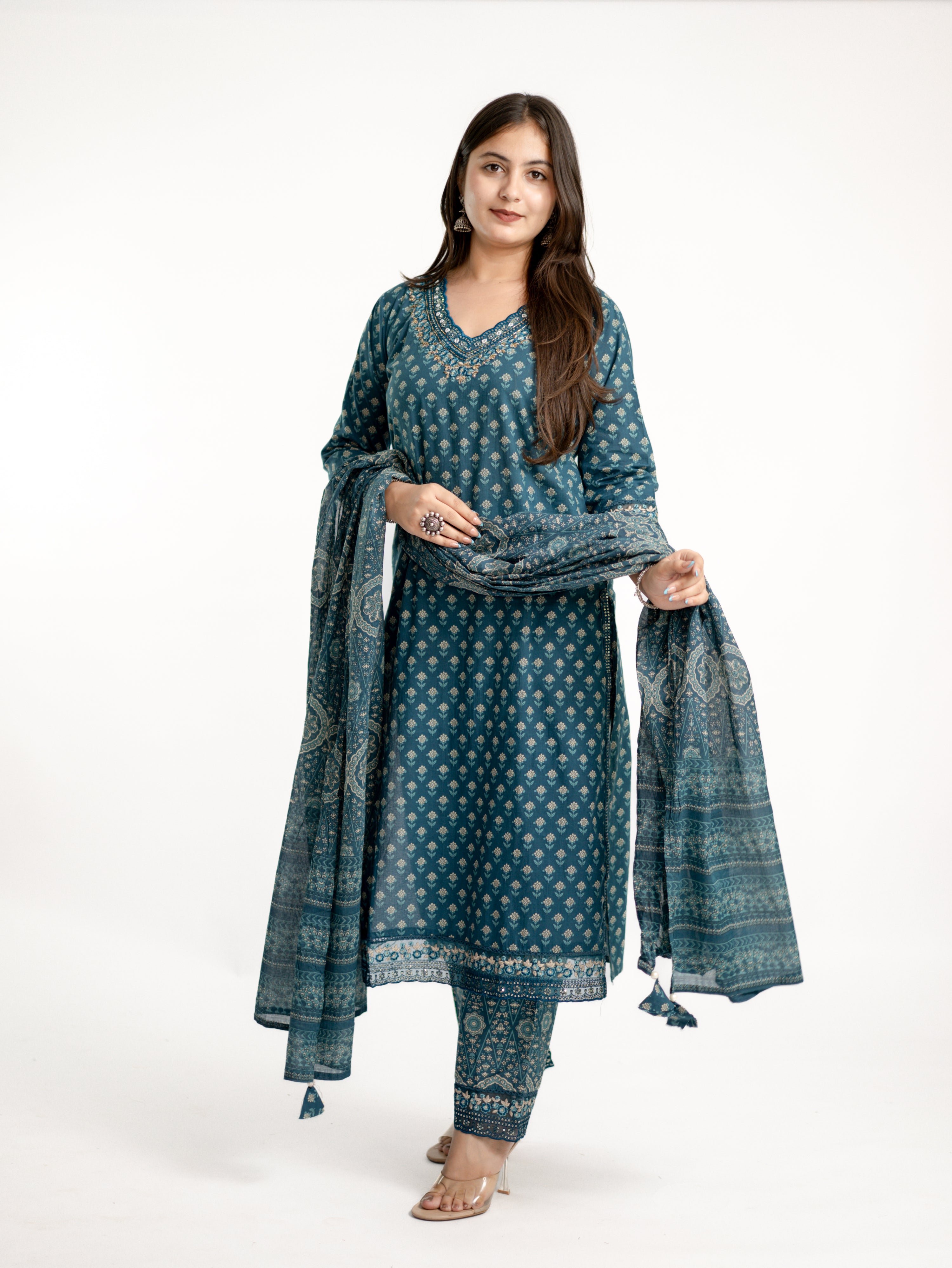 Dimpee Ajrakh Cotton HandEmbroidered Dupatta set