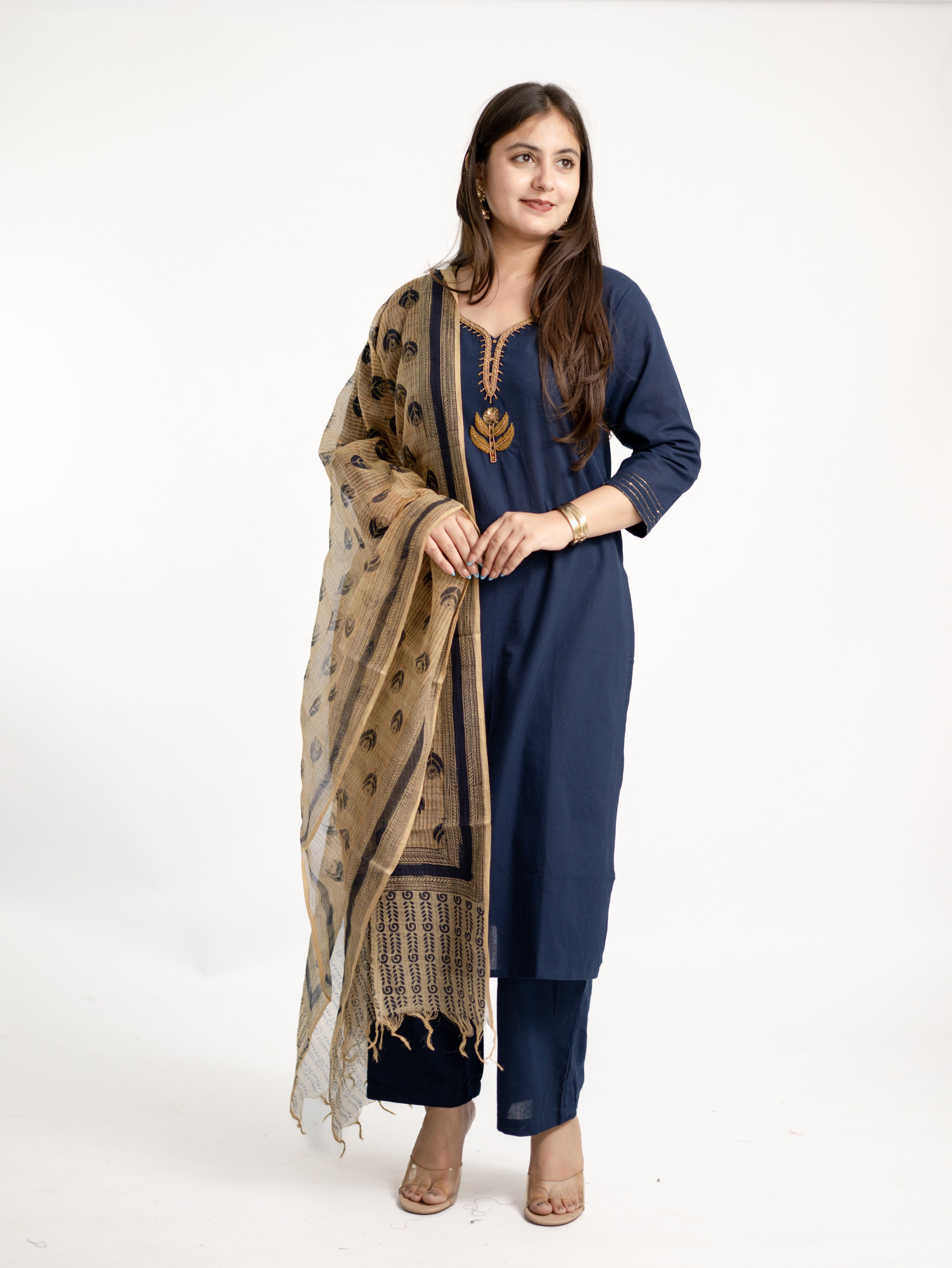 Janki Blue Cotton Hand Embroidered Straight Dupatta Set