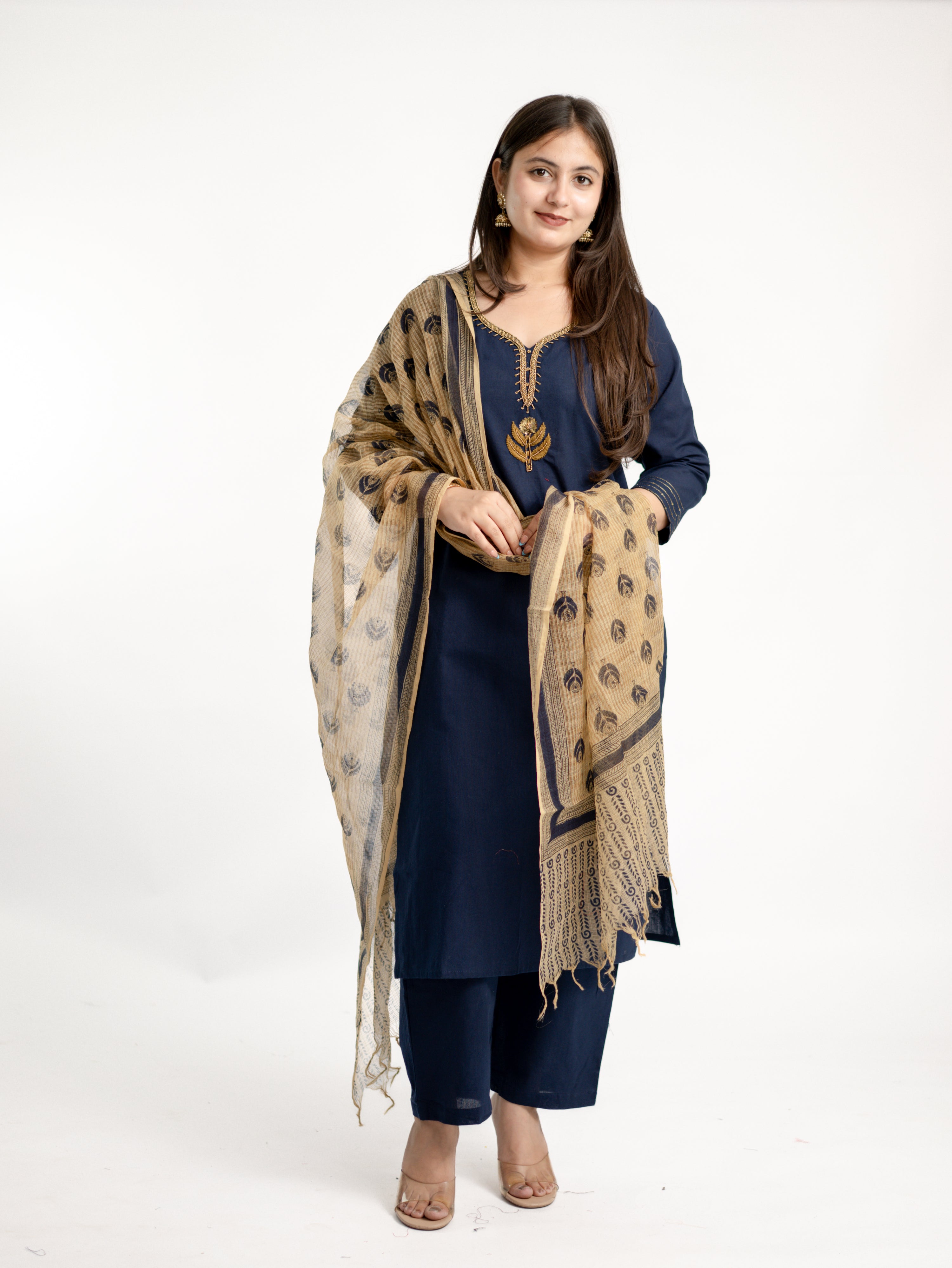 Janki Blue Cotton Hand Embroidered Straight Dupatta Set