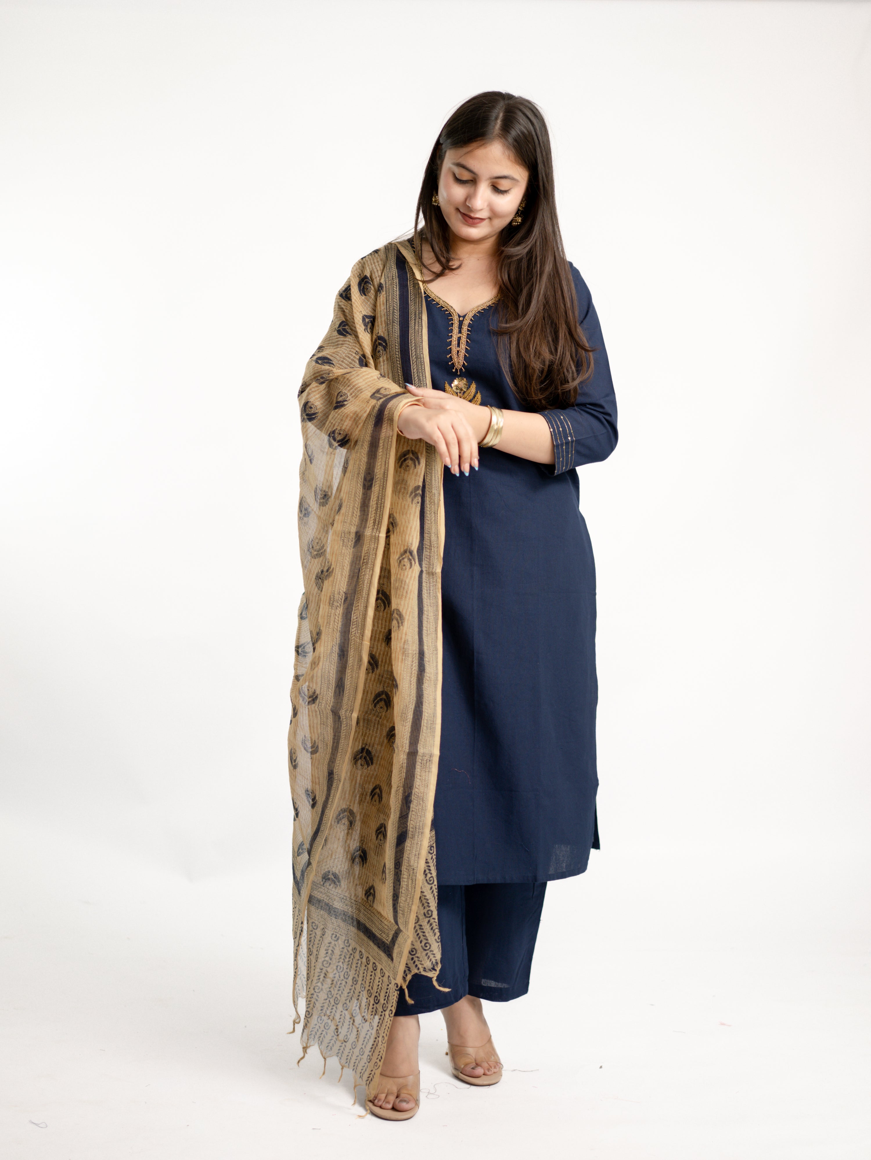 Janki Blue Cotton Hand Embroidered Straight Dupatta Set