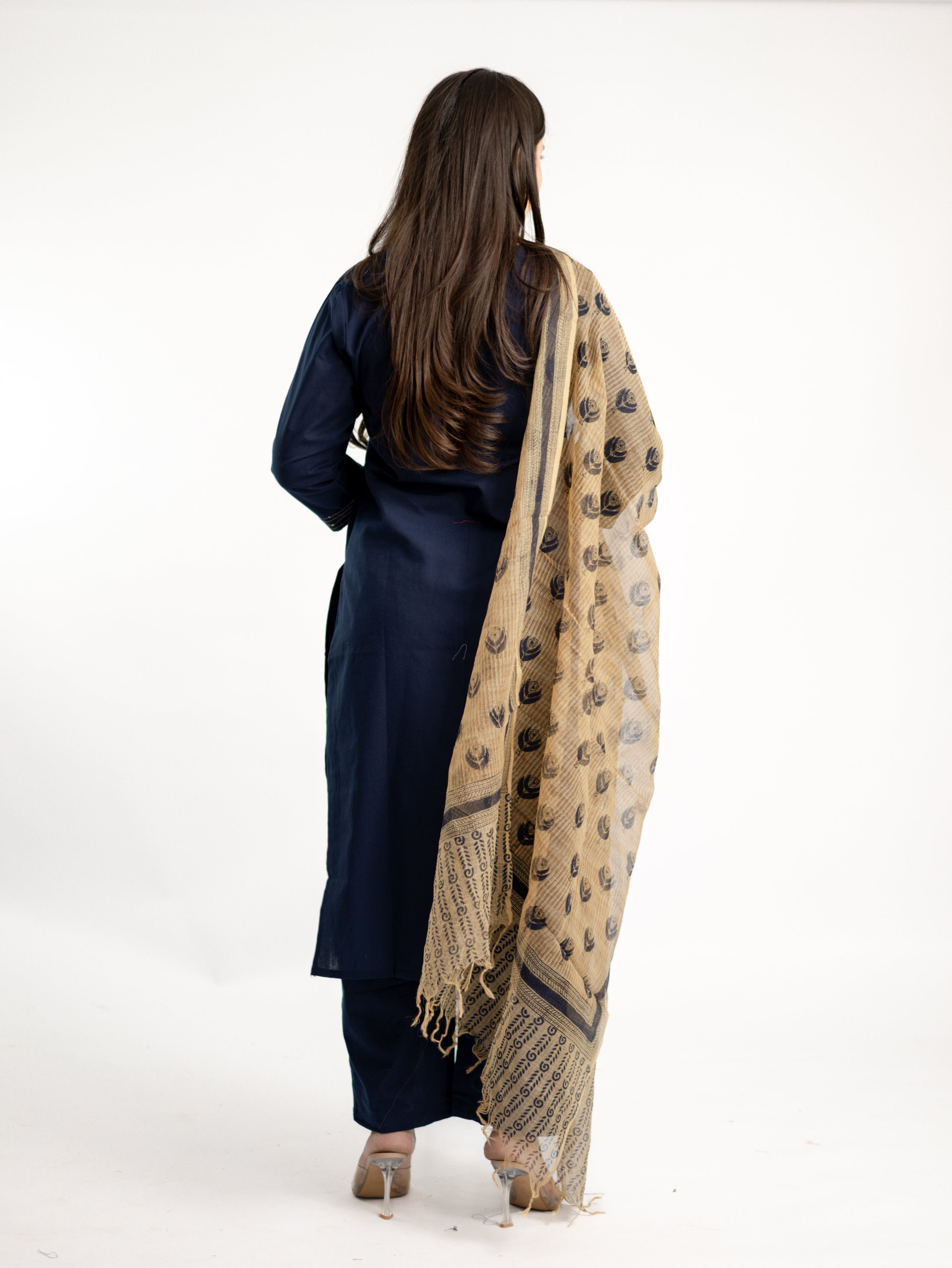 Janki Blue Cotton Hand Embroidered Straight Dupatta Set