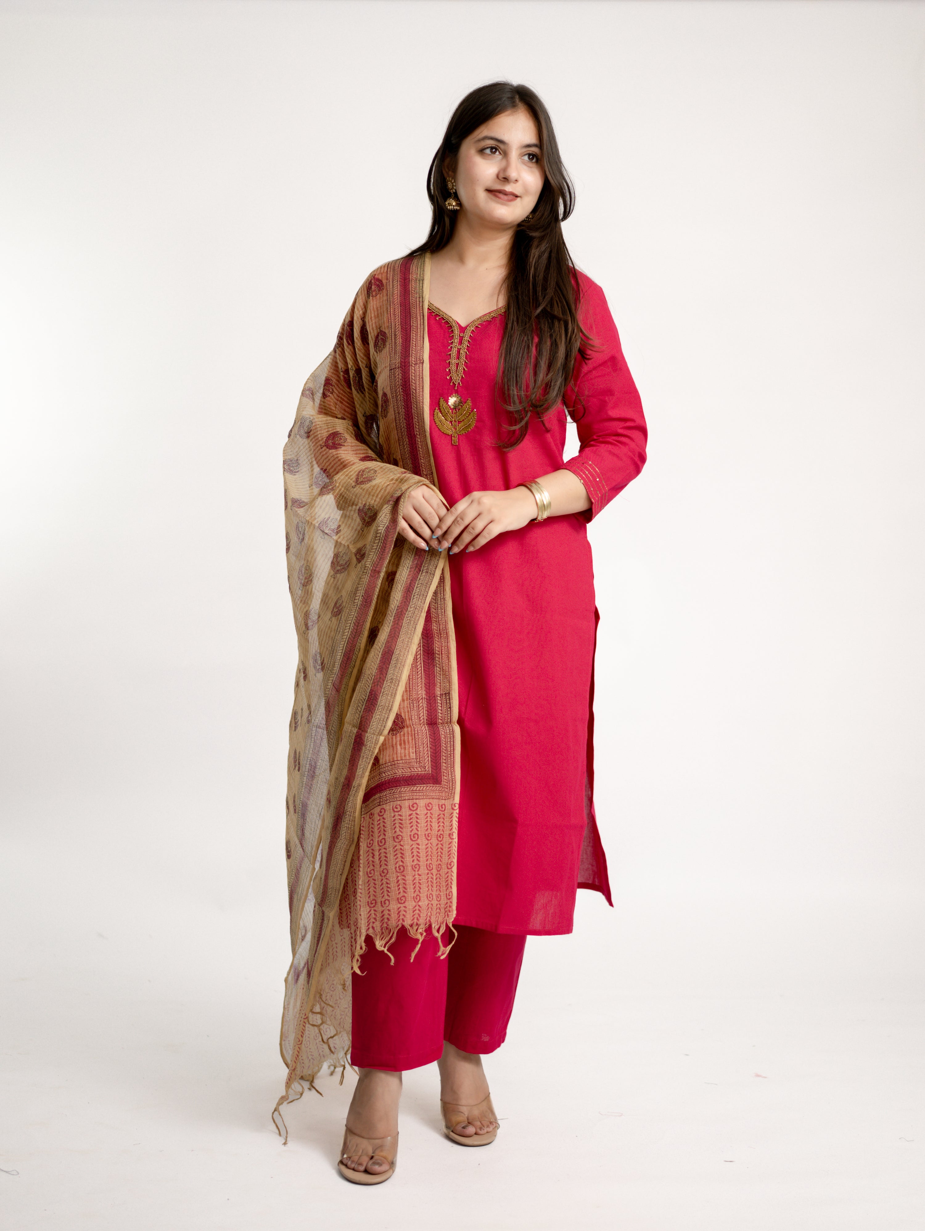 Janki Pink Cotton Hand Embroidered Straight Dupatta Set