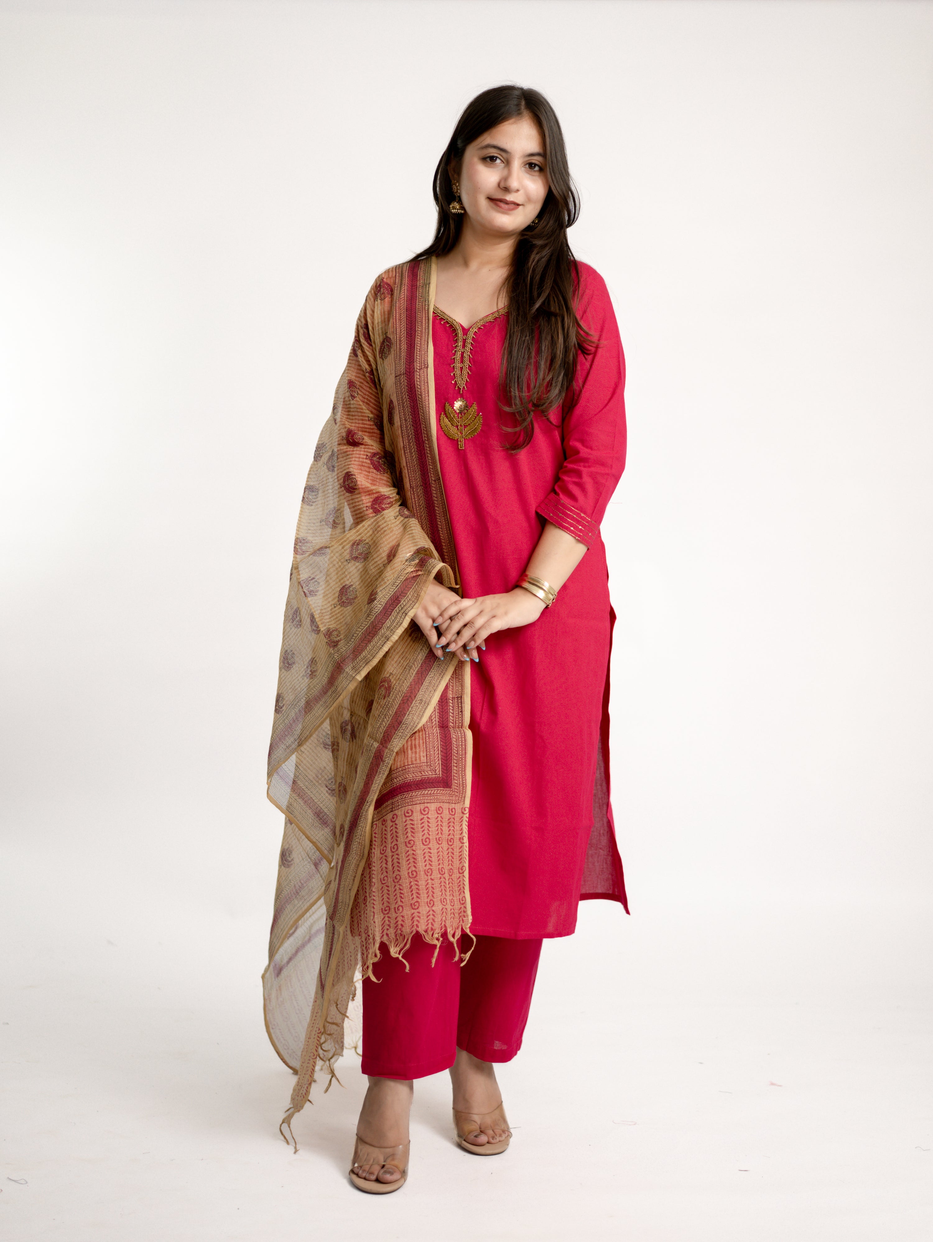 Janki Pink Cotton Hand Embroidered Straight Dupatta Set