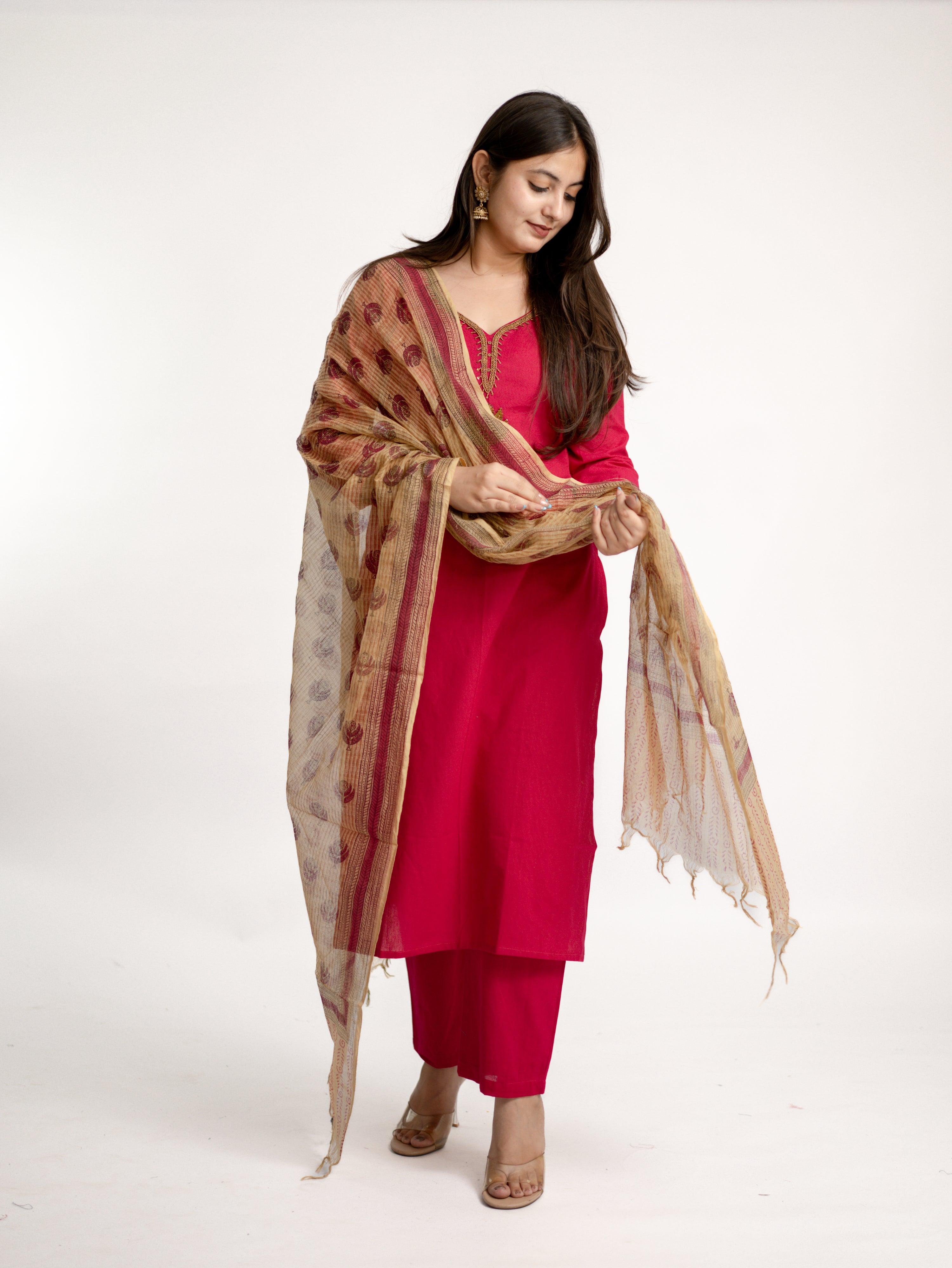 Janki Pink Cotton Hand Embroidered Straight Dupatta Set