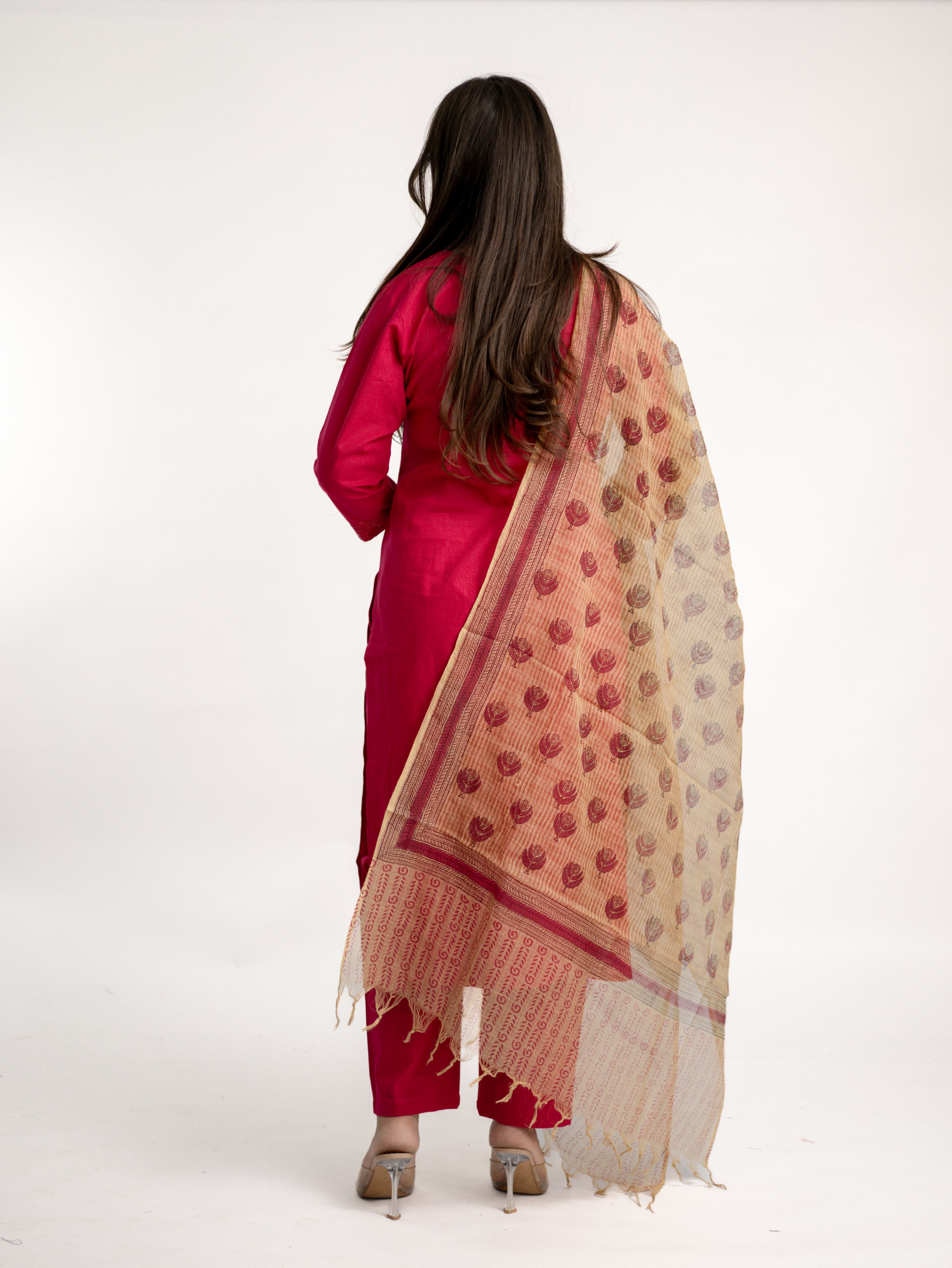 Janki Pink Cotton Hand Embroidered Straight Dupatta Set