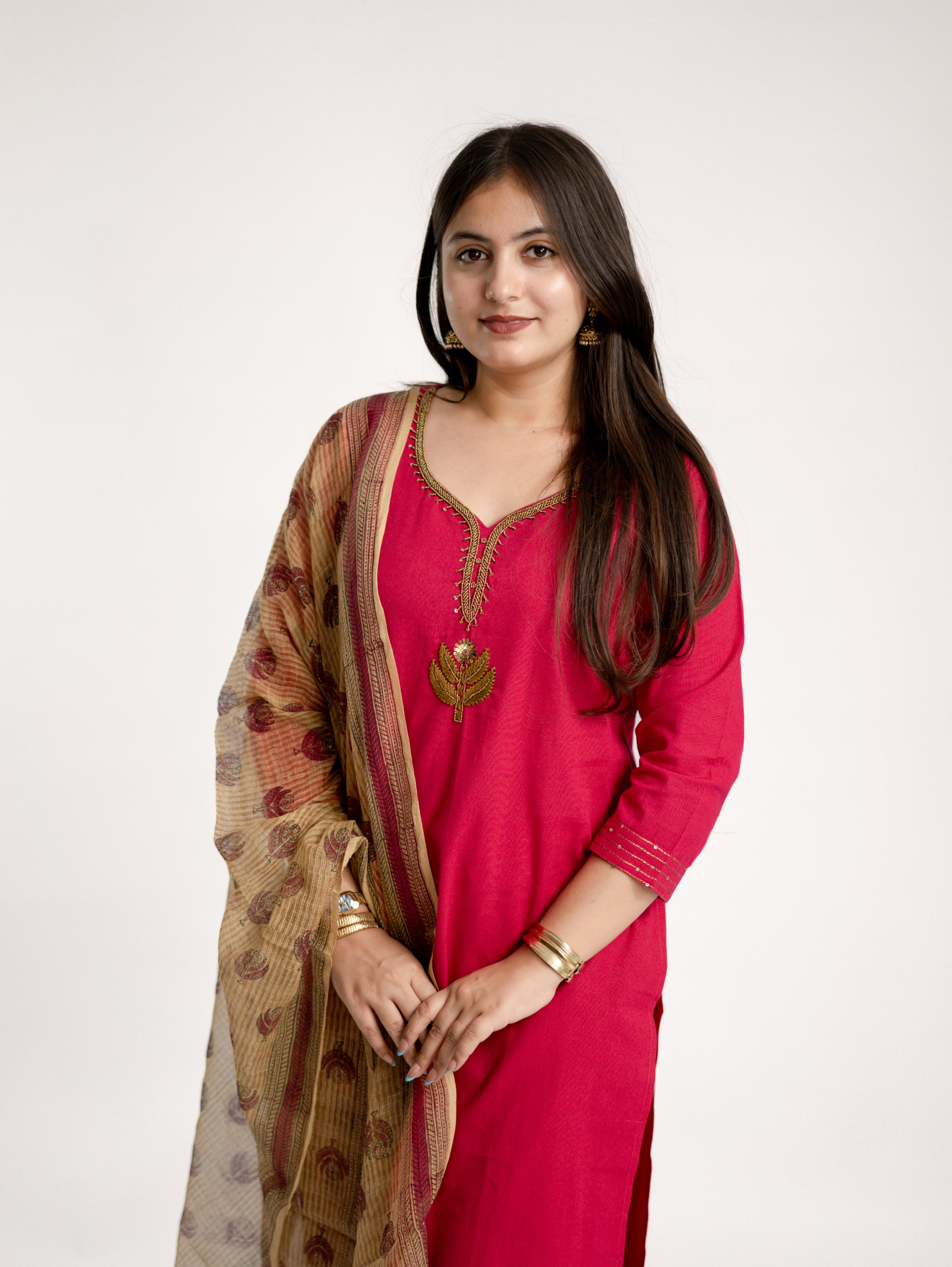 Janki Pink Cotton Hand Embroidered Straight Dupatta Set