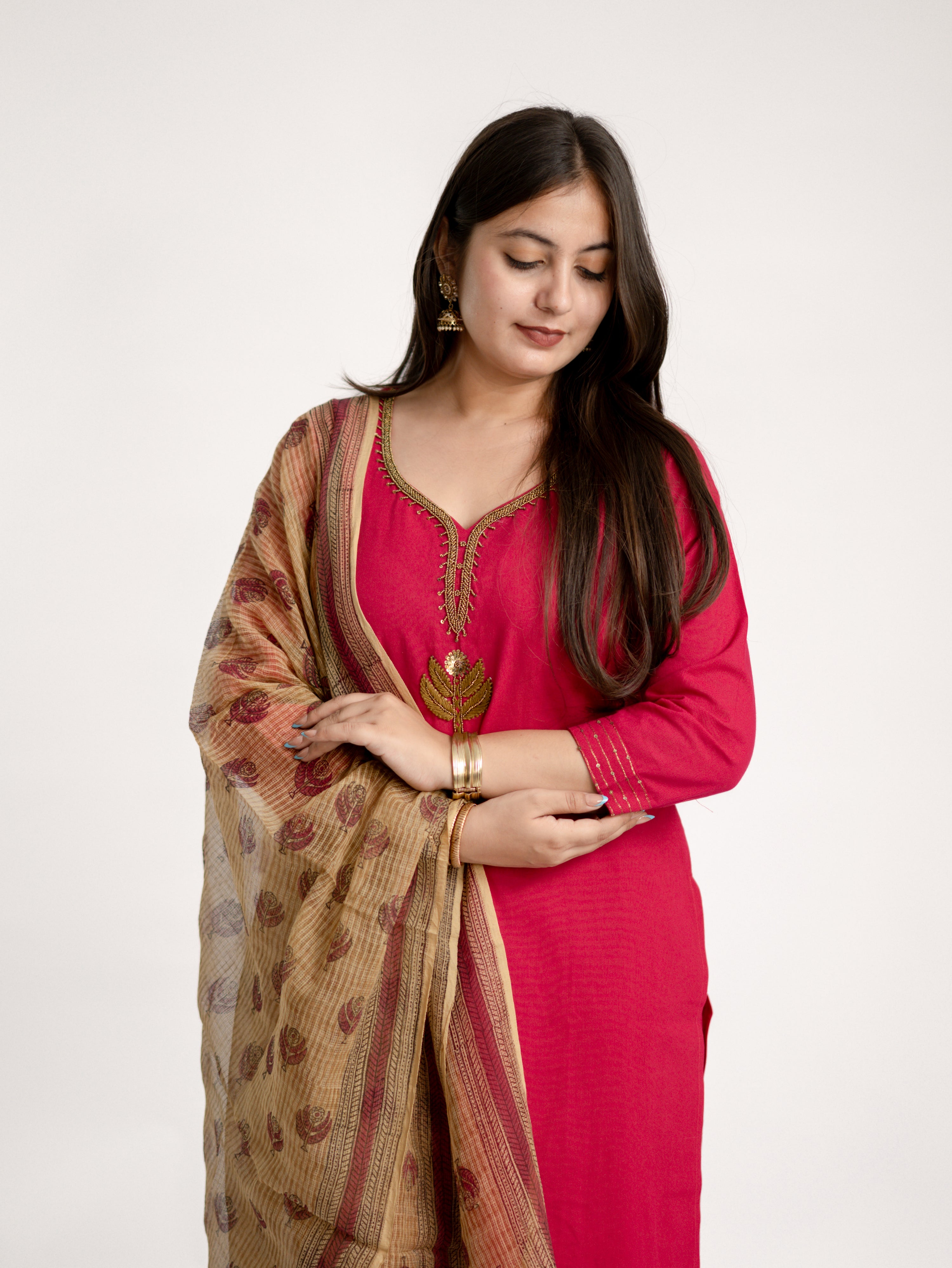 Janki Pink Cotton Hand Embroidered Straight Dupatta Set