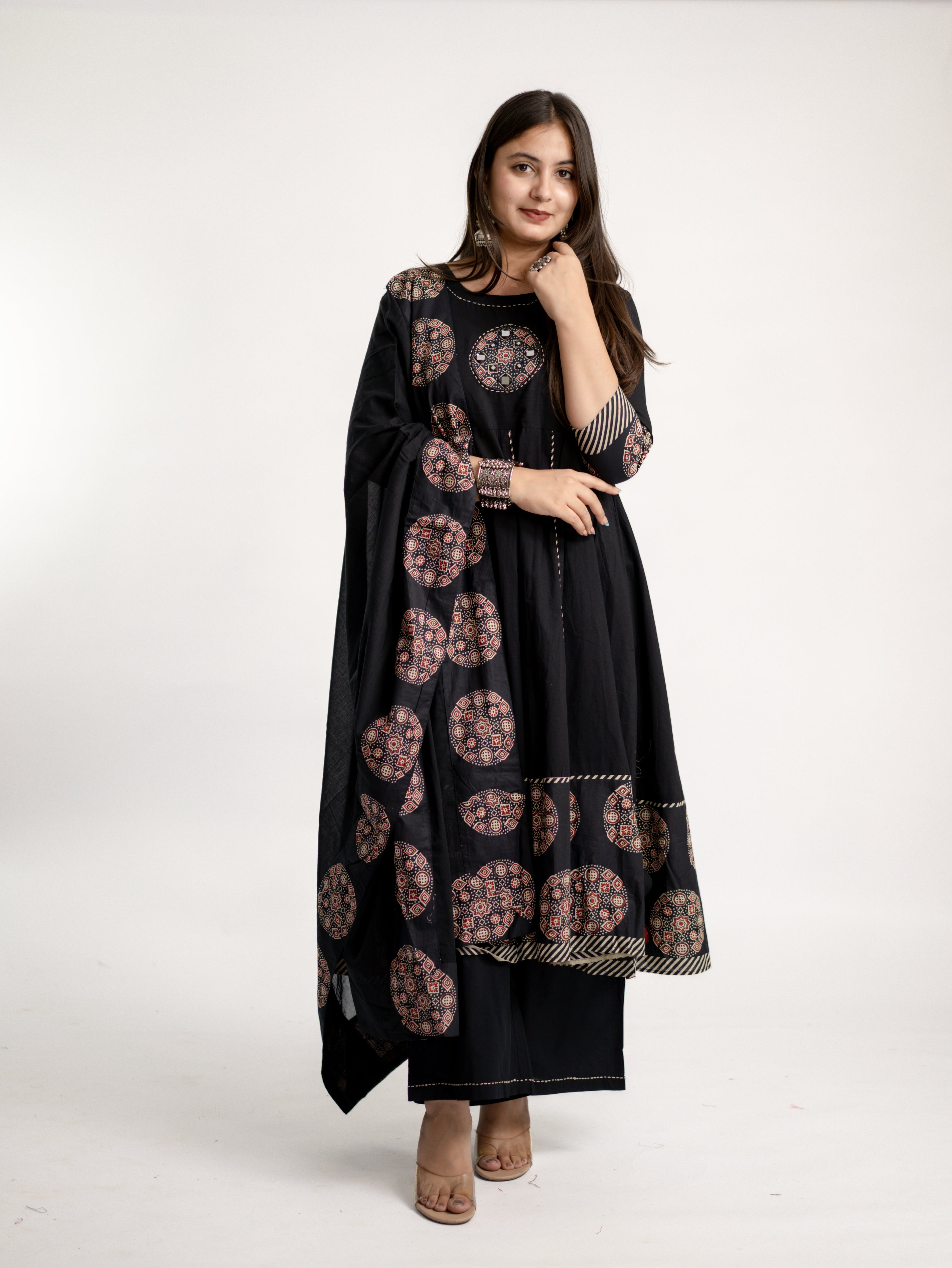 Aleena Black Cotton Embroidered Anarkali Dupatta Set