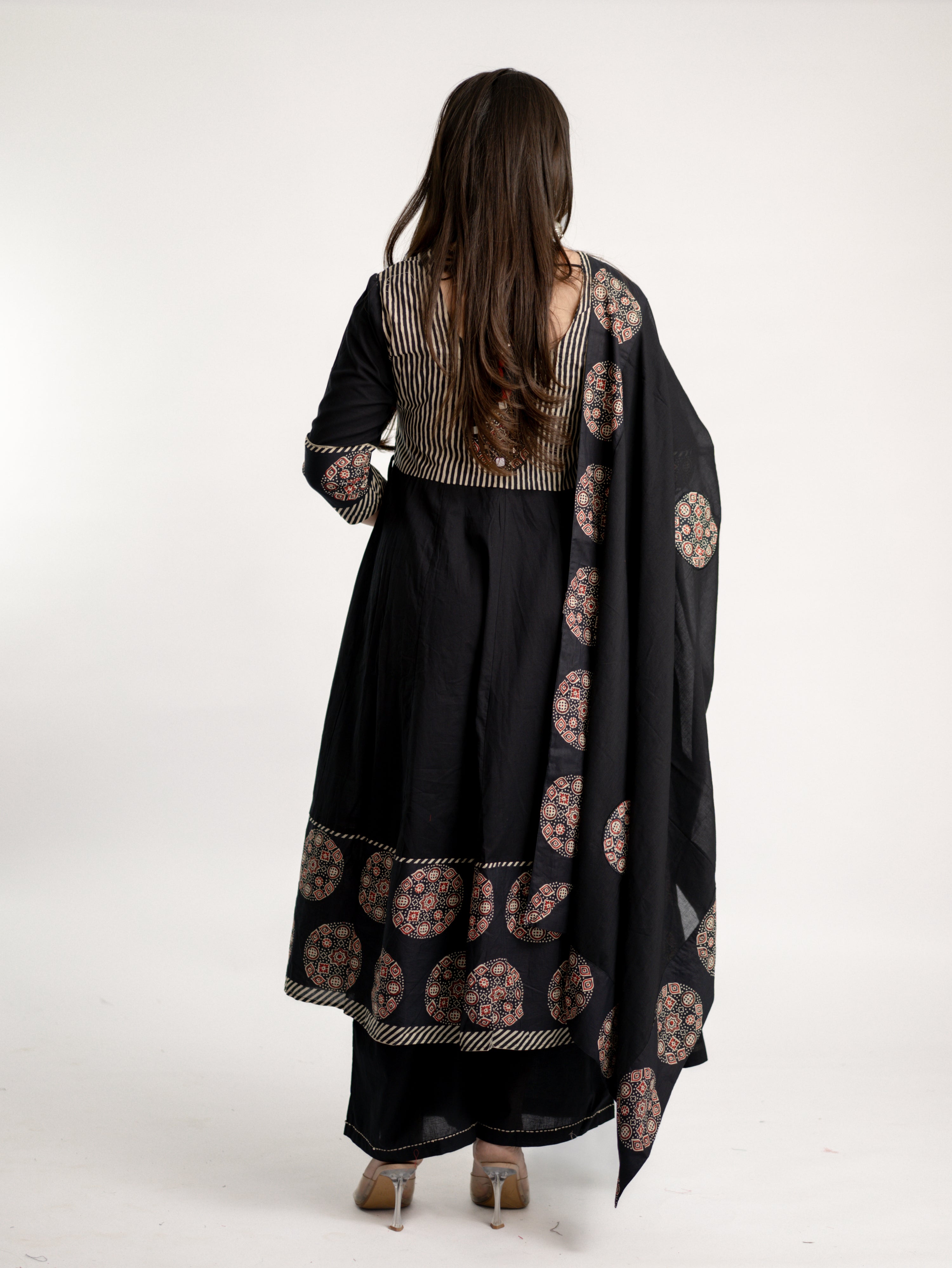 Aleena Black Cotton Embroidered Anarkali Dupatta Set