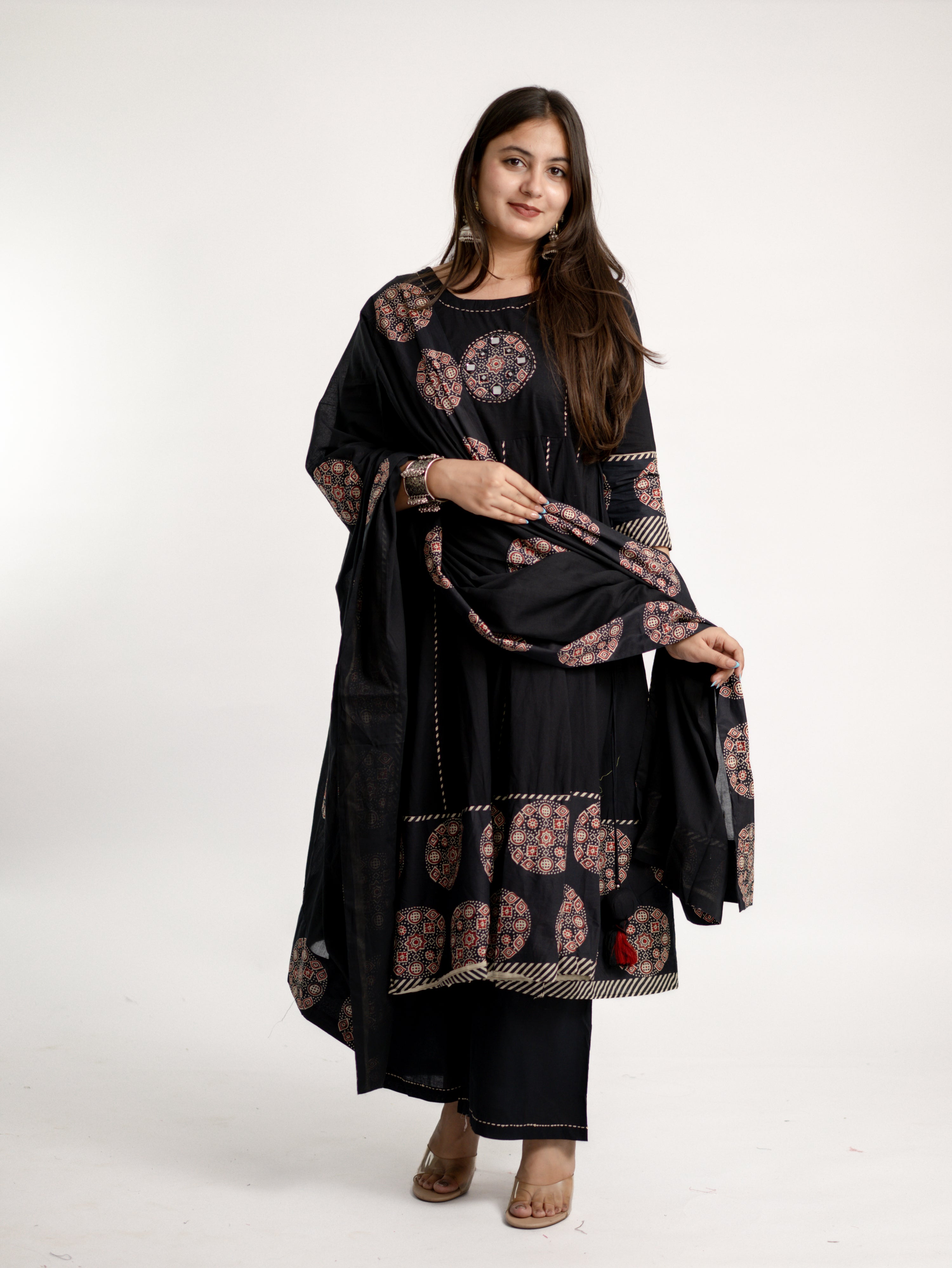 Aleena Black Cotton Embroidered Anarkali Dupatta Set
