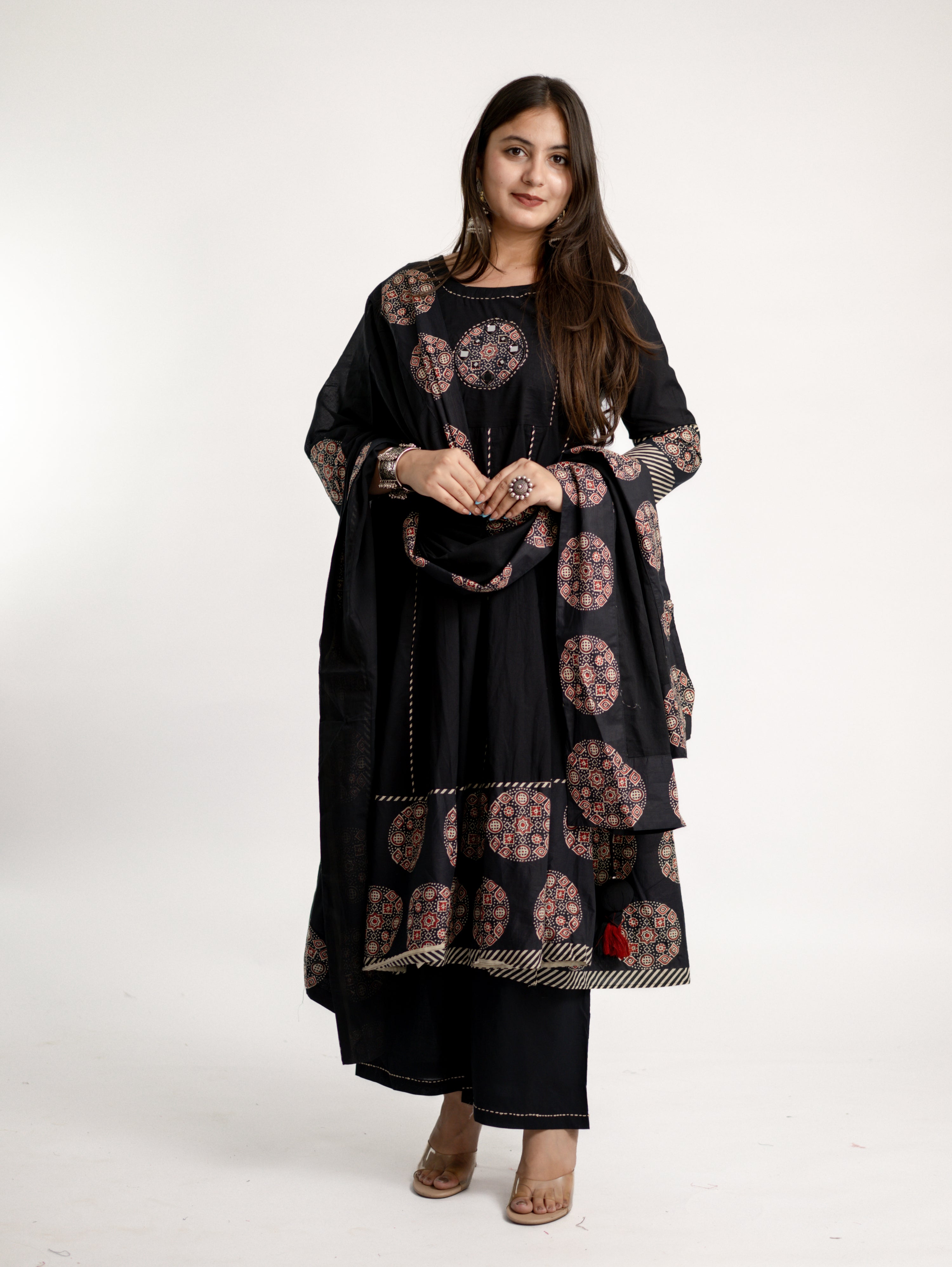 Aleena Black Cotton Embroidered Anarkali Dupatta Set
