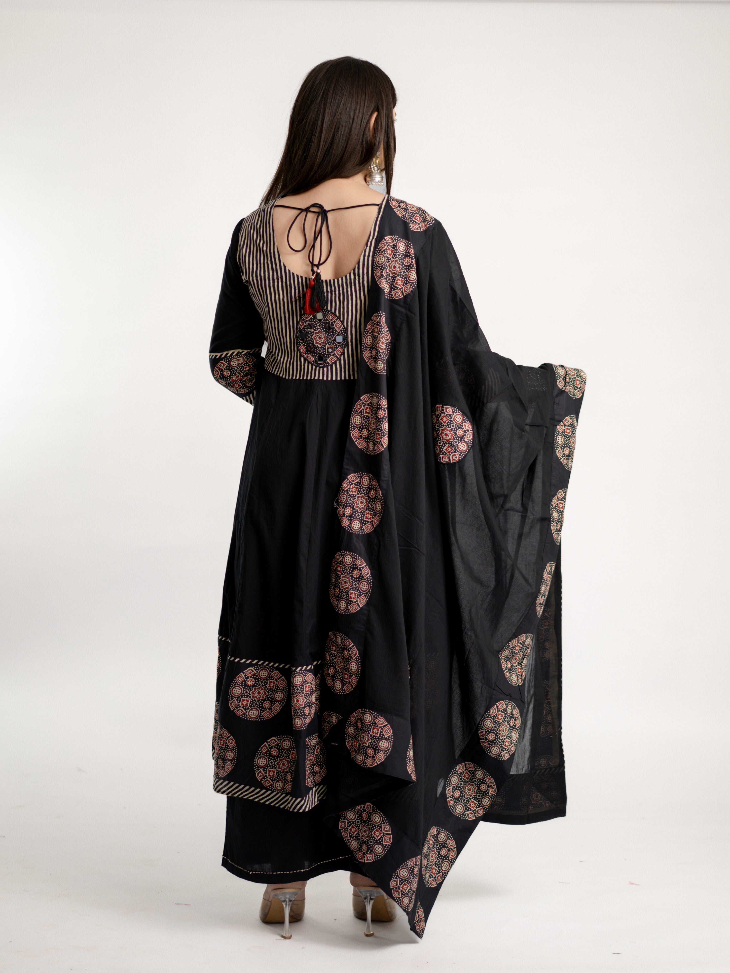 Aleena Black Cotton Embroidered Anarkali Dupatta Set