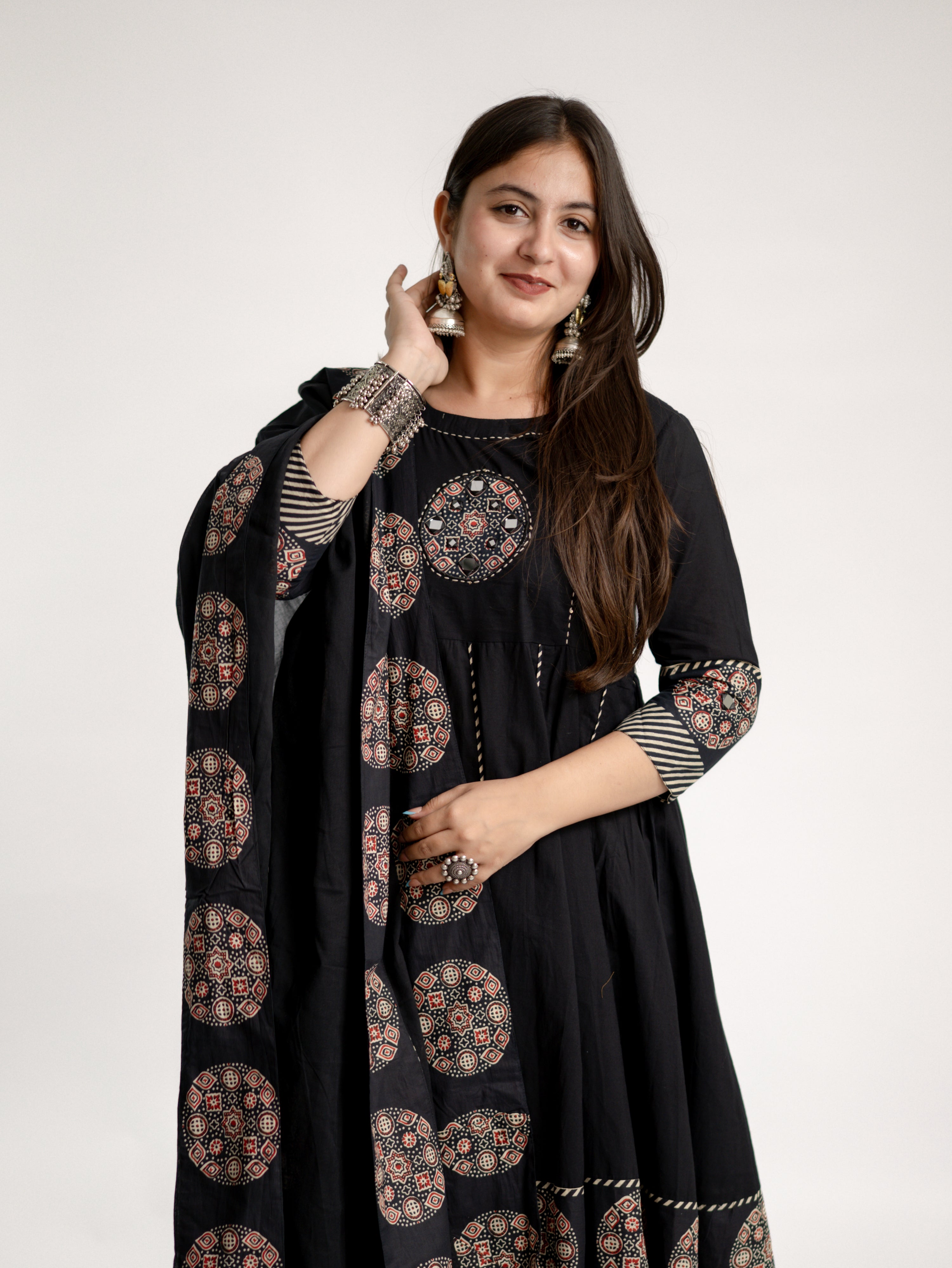 Aleena Black Cotton Embroidered Anarkali Dupatta Set