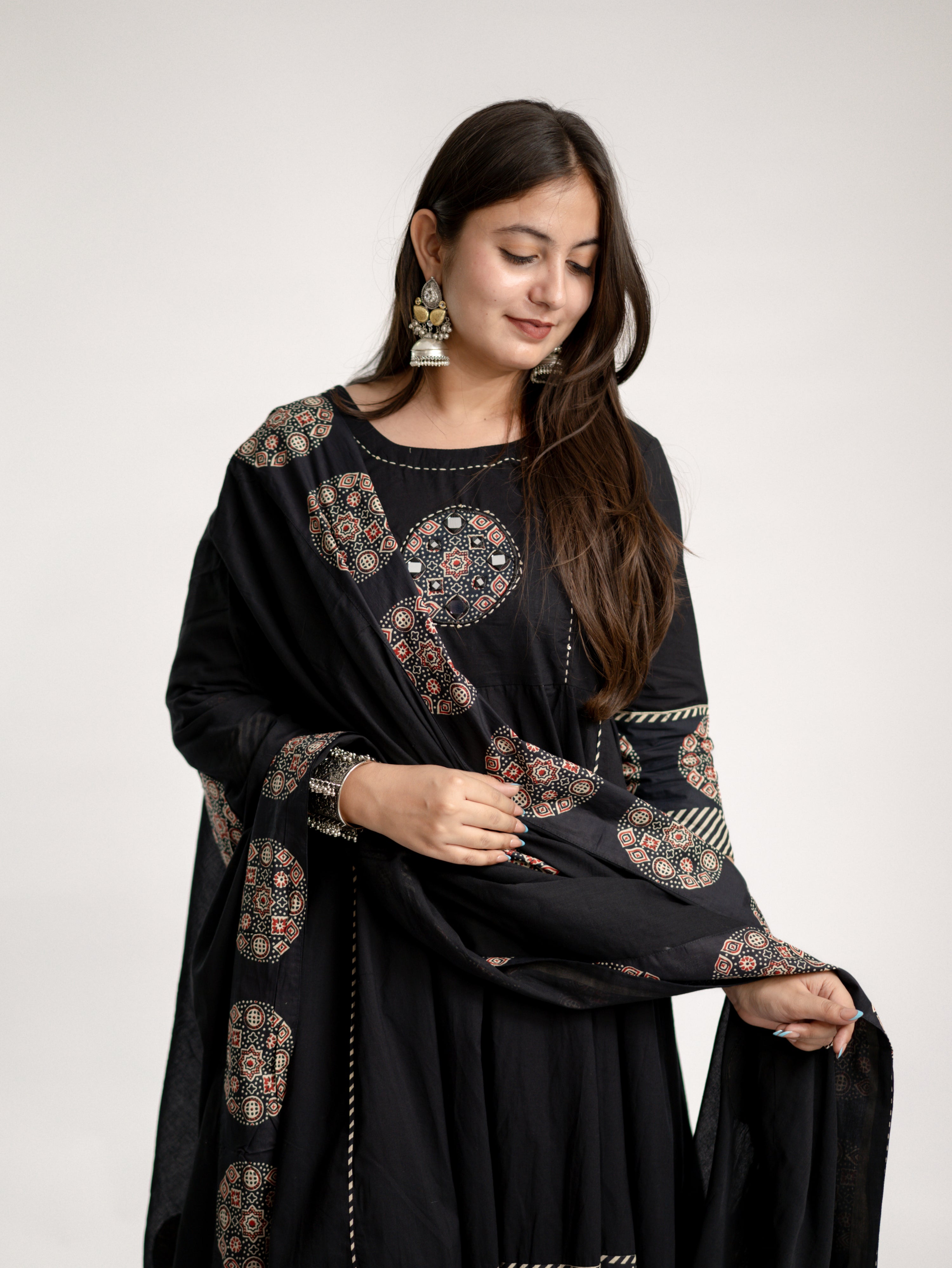 Aleena Black Cotton Embroidered Anarkali Dupatta Set