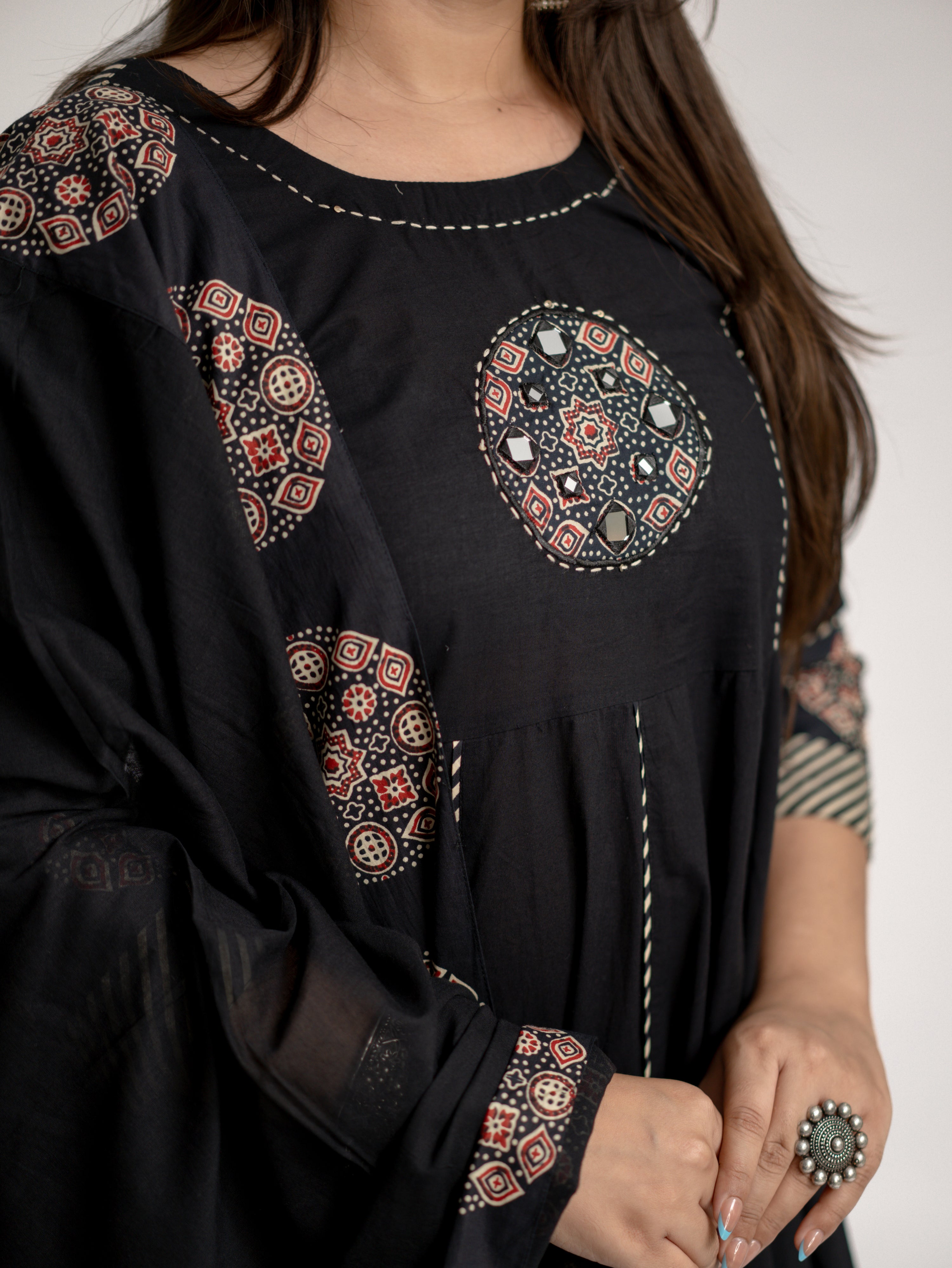 Aleena Black Cotton Embroidered Anarkali Dupatta Set