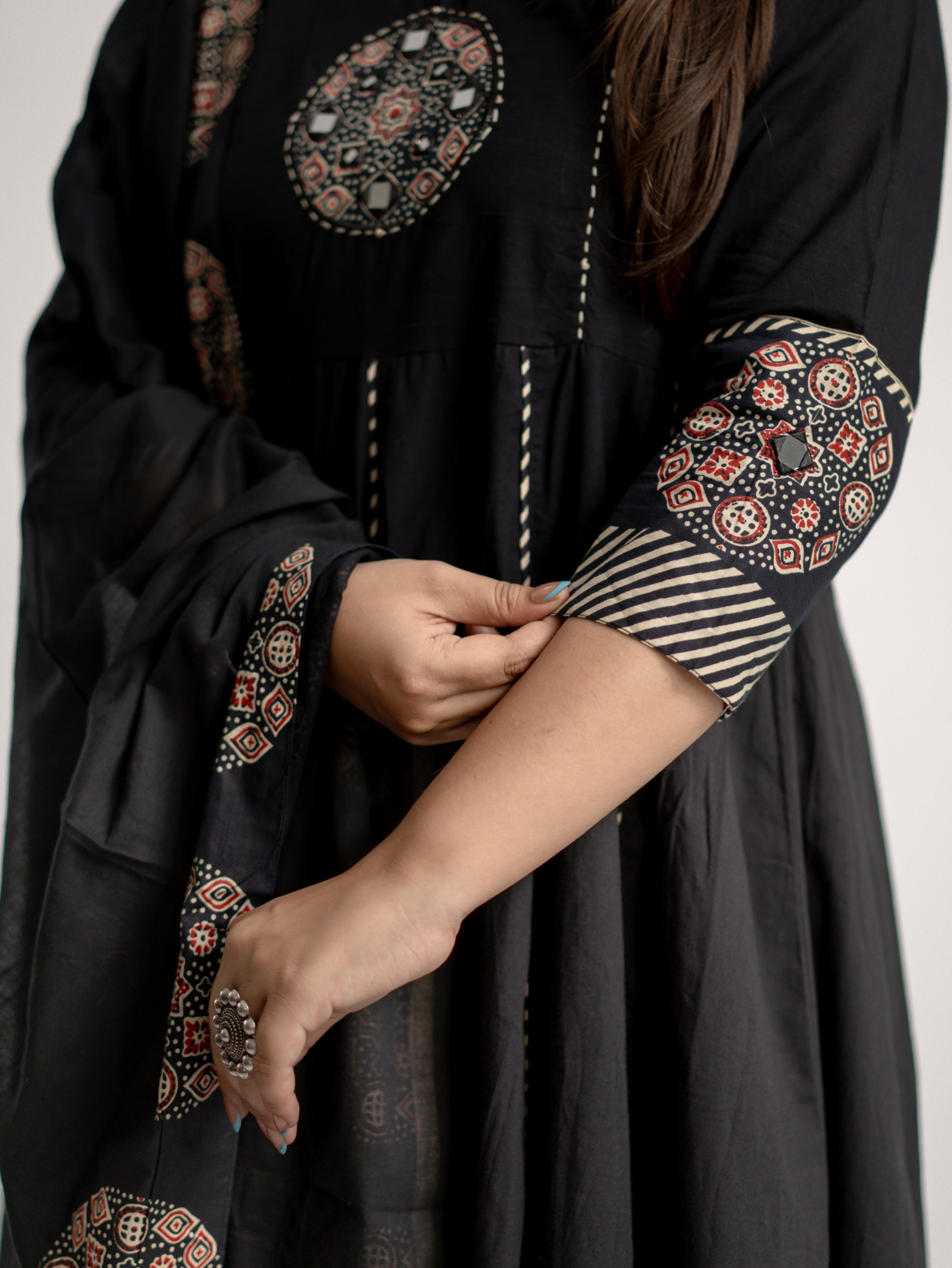 Aleena Black Cotton Embroidered Anarkali Dupatta Set