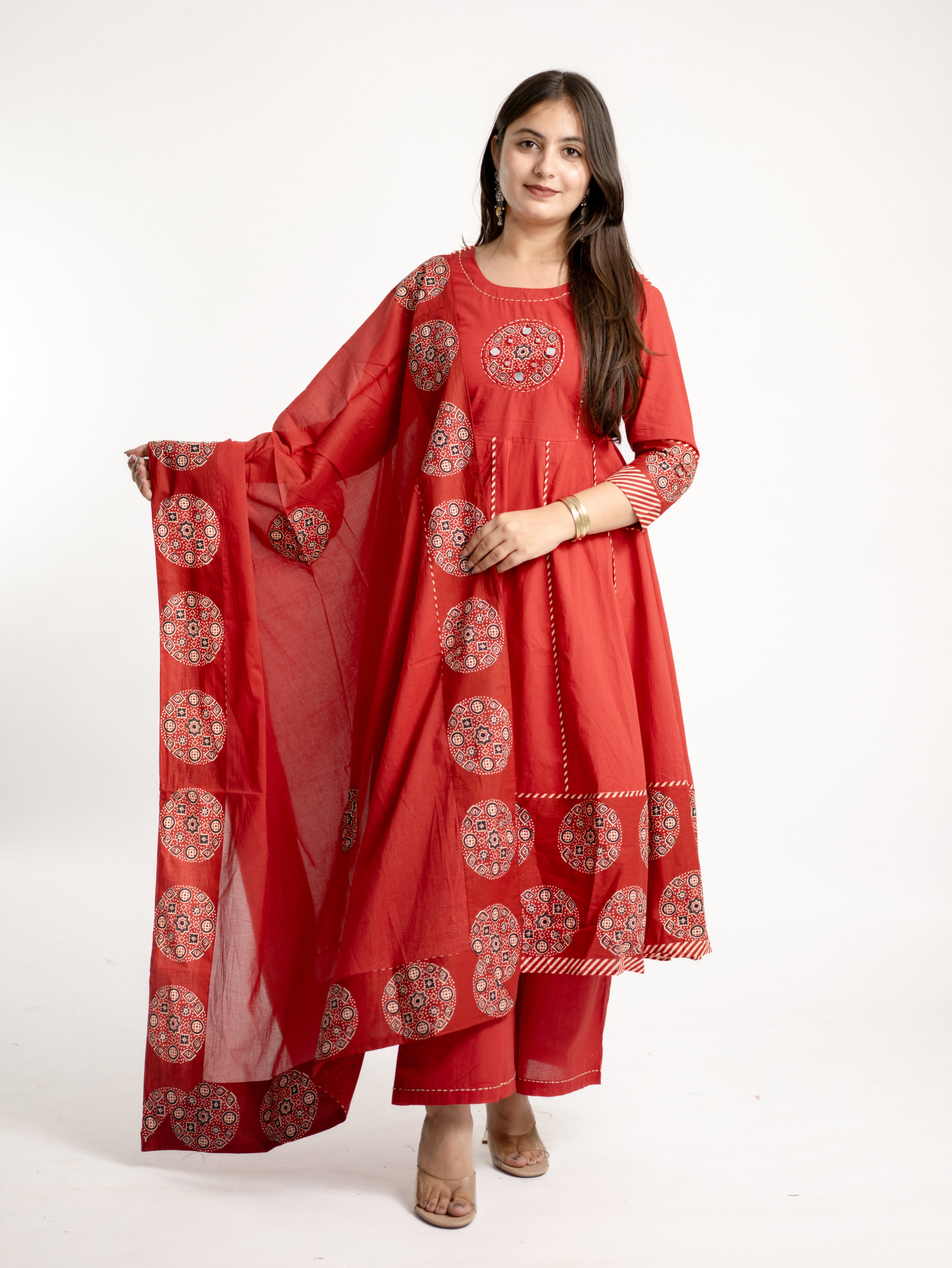 Aleena Red Cotton Embroidered Anarkali Dupatta Set