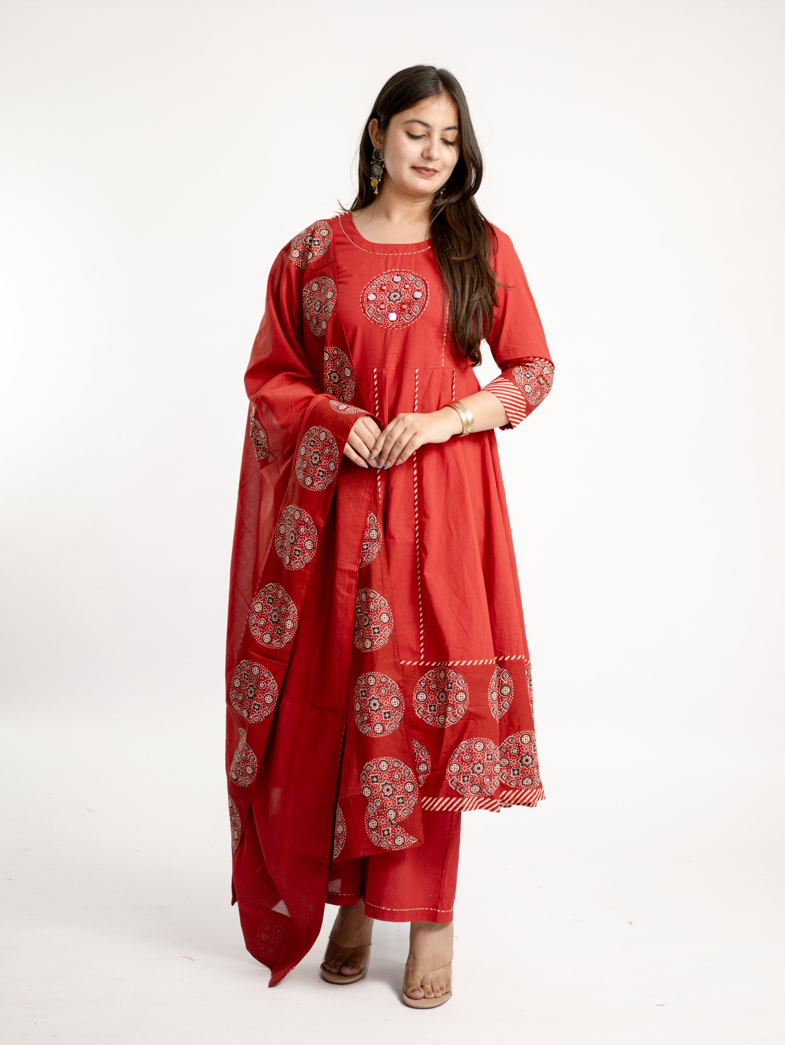 Aleena Red Cotton Embroidered Anarkali Dupatta Set